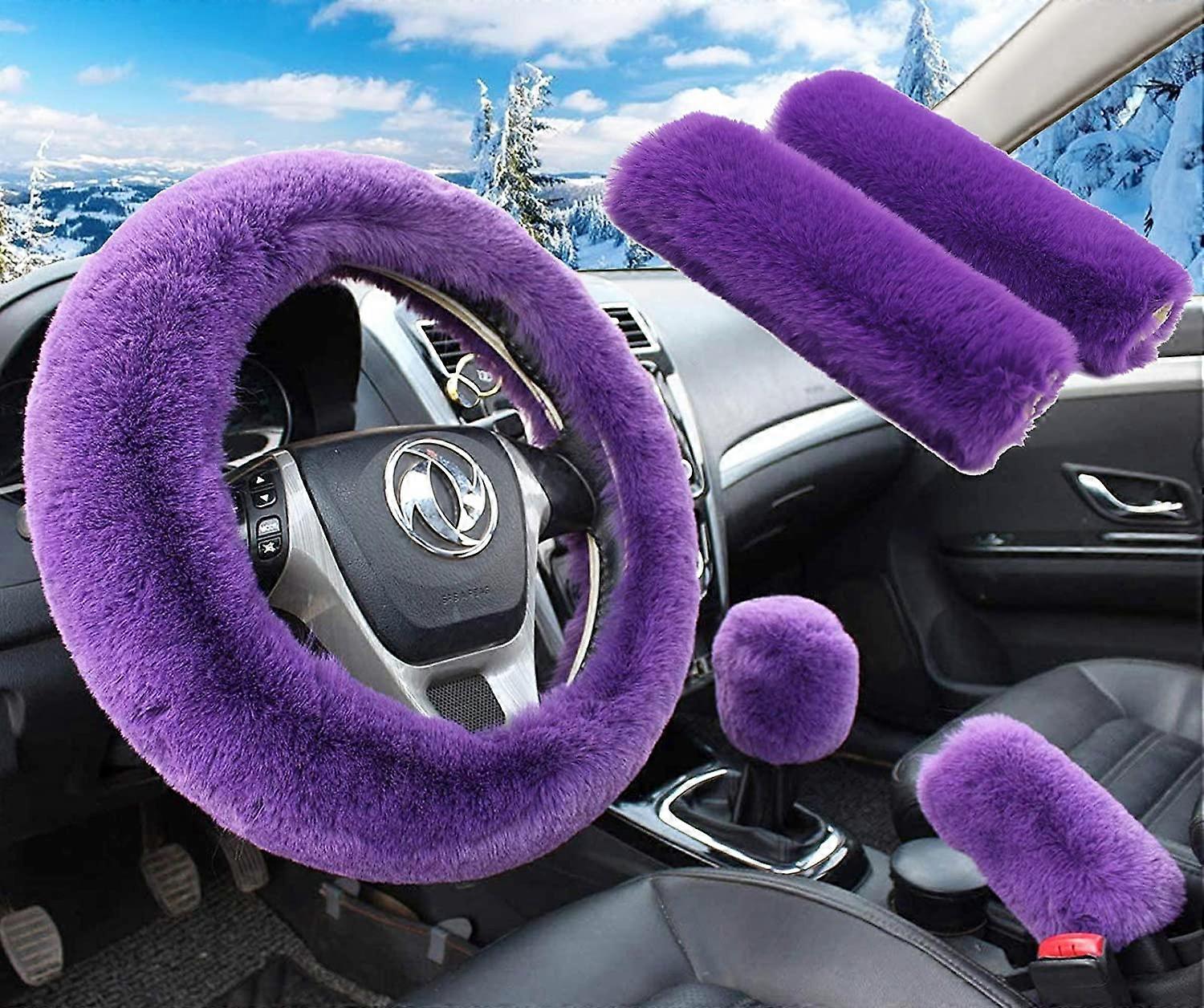 5 قطع في 1 مجموعة فو الصوف غطاء عجلة القيادة لينة رقيق غطاء فرملة اليد وغطاء ناقل الحركة والعتاد و 2 قطعة وسادة كتف حزام الأمان الدافئة العالمية المناسبة ل 15 I