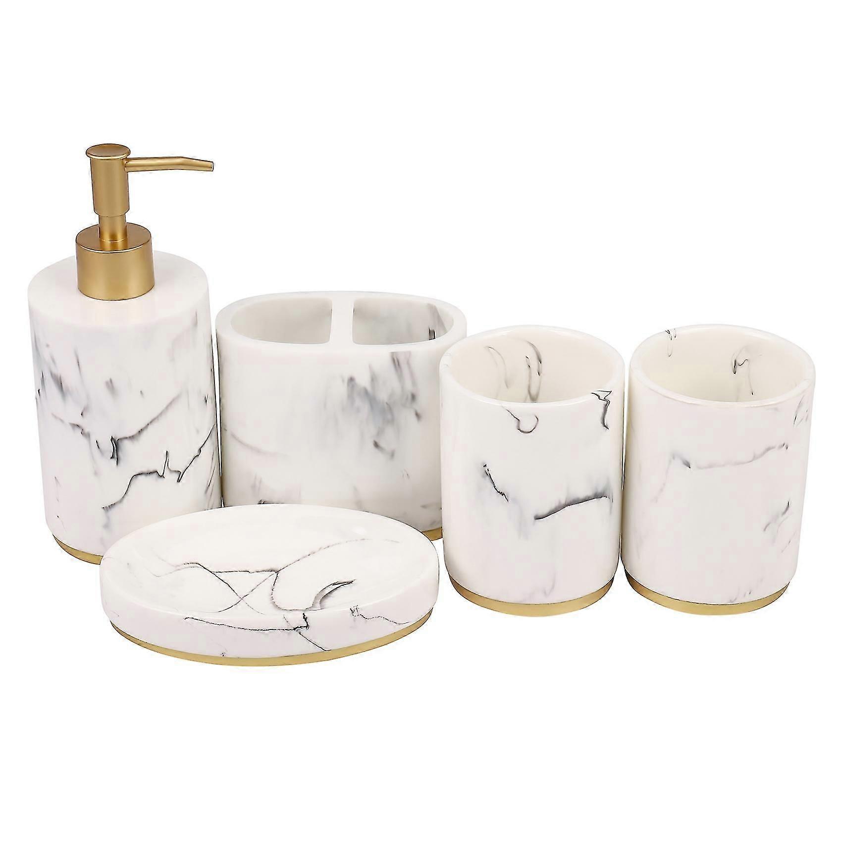 Bathroom Accessories Set, 5 Pieces Bath Ensemble, Bath Set Pattern Soap Dispenser Pump, Toothbrush