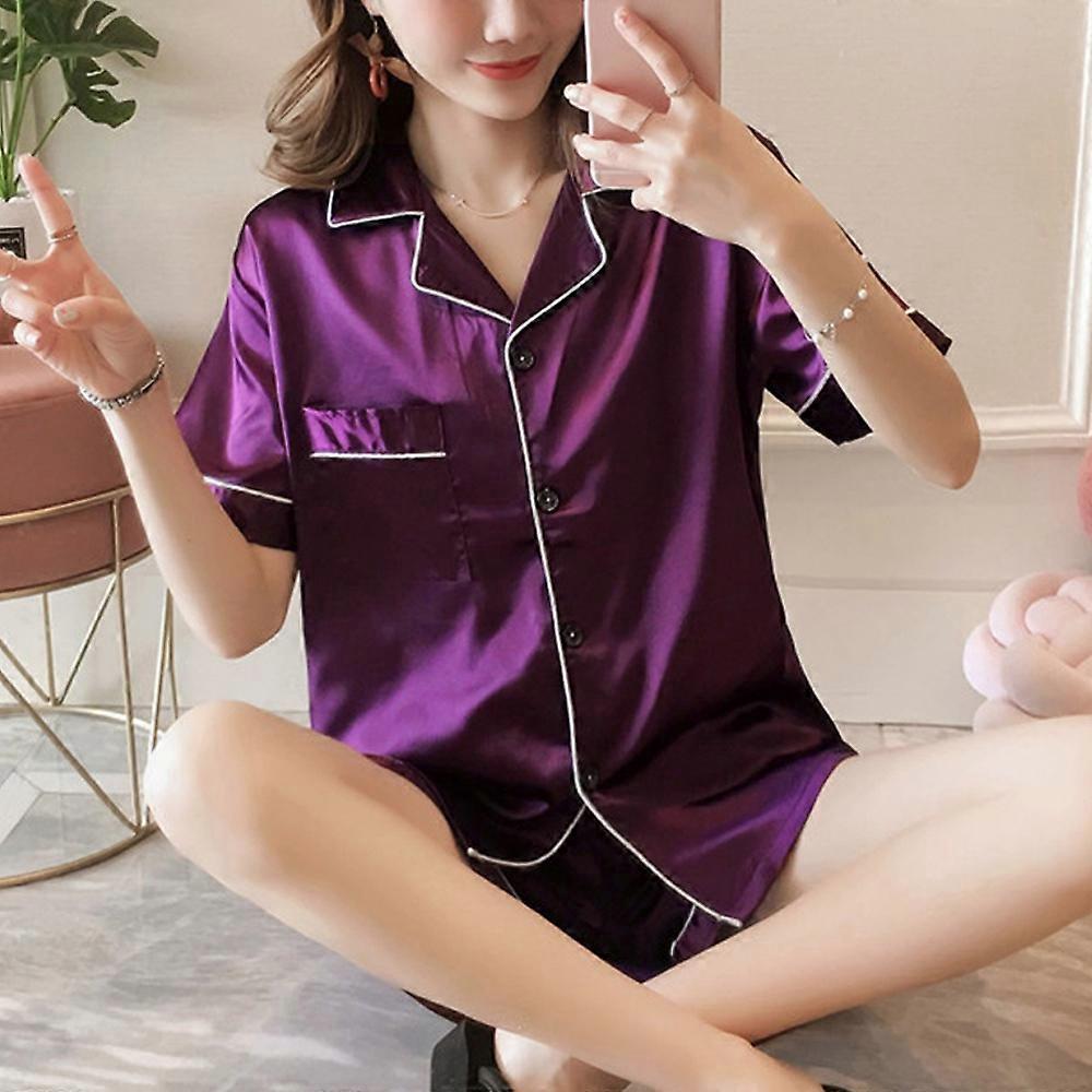 Women Short Sleeve Silk Satin Pyjamas Pjs Set Button Top Shorts Nightwear Loungewear