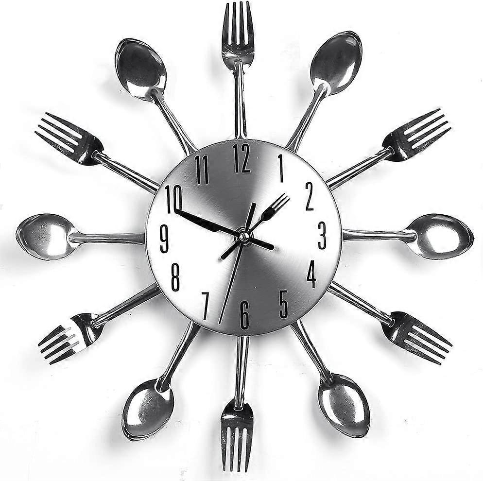 Utensili da cucina in acciaio inossidabile Orologio per cucina Interno ed esterno Posate da cucina Orologio da parete in argento con forchette colorate Cucchiai Spatola