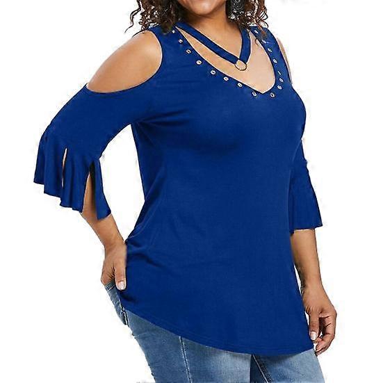 V-neck Short Sleeve Split Cuffs Basic Top Hollow Out Cold Shoulder
