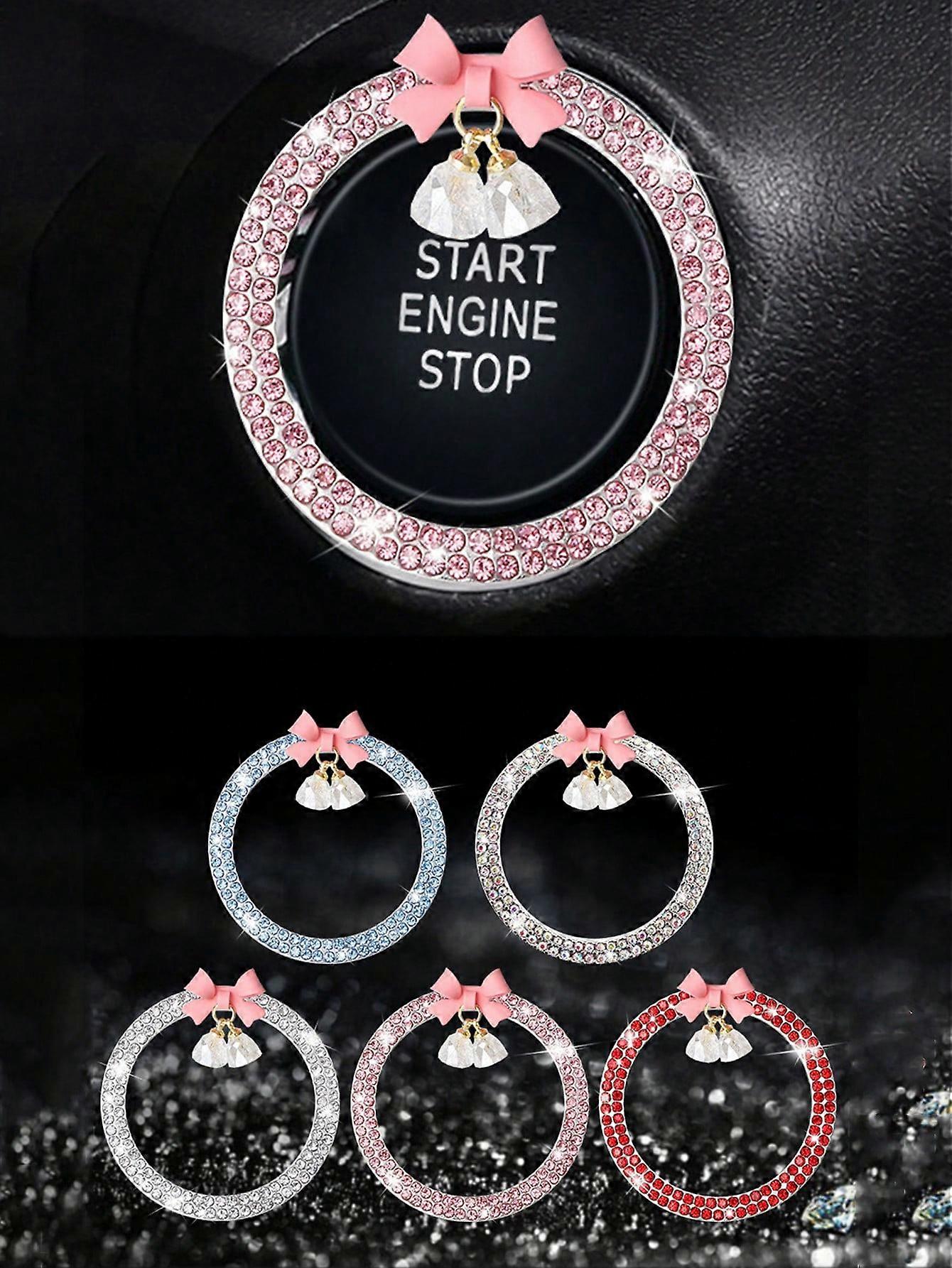 1pc Car One Click Start Decoration Sticker Interior Button Inlaid With Diamond Bow Crystal Bell Pendant Ignition Ring