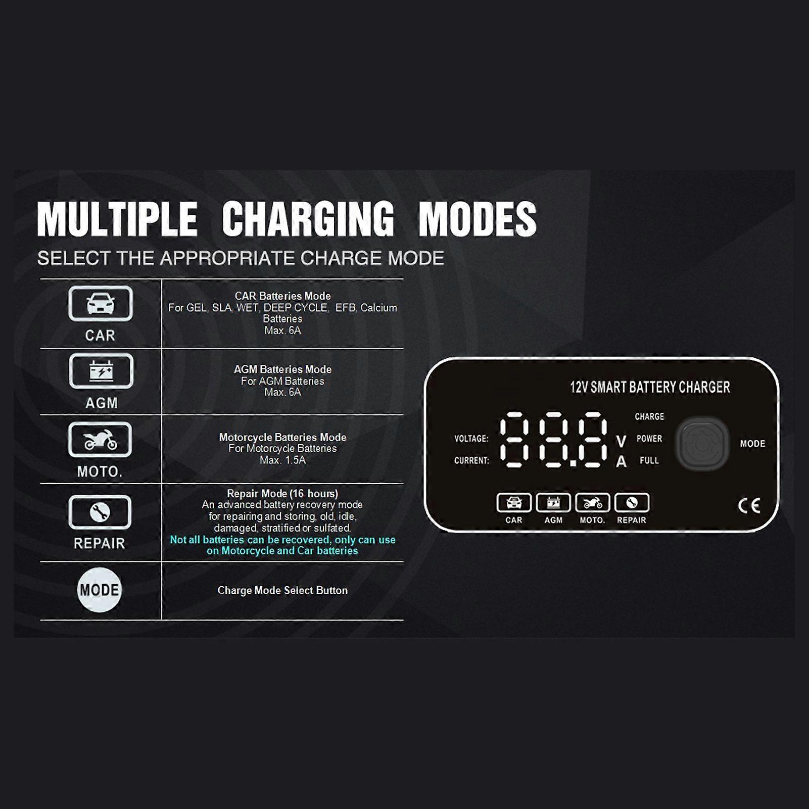 Motorcycle Battery Chargers 12V6A Full Automatic Smart Battery Chargers Maintainer Portable Trickle Chargers Battery Desulfator MK4056