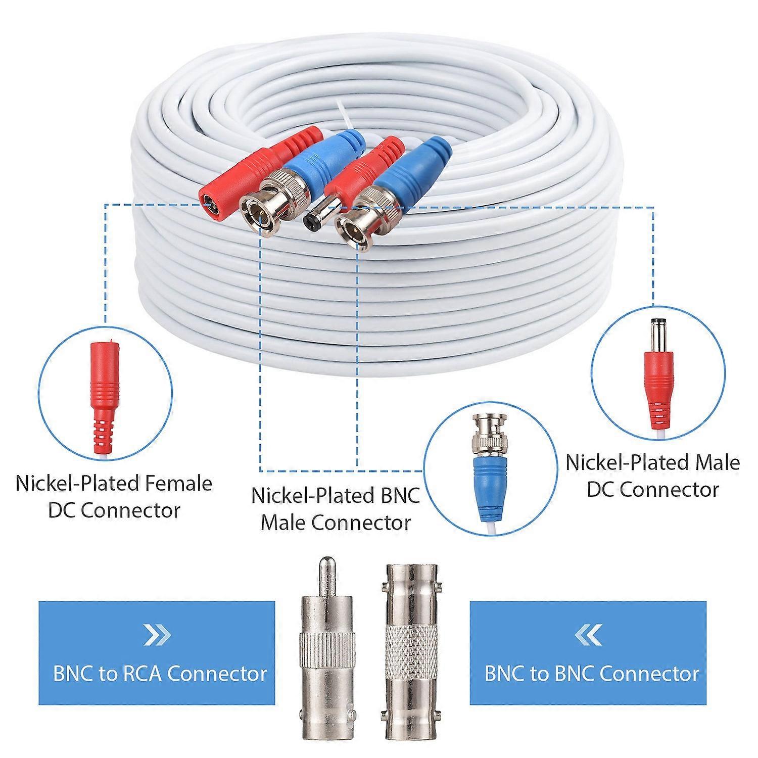 60 Feet BNC Video Power Cable Wire 2MP All-in-One Video Security Camera Wire with Connectors for CCT