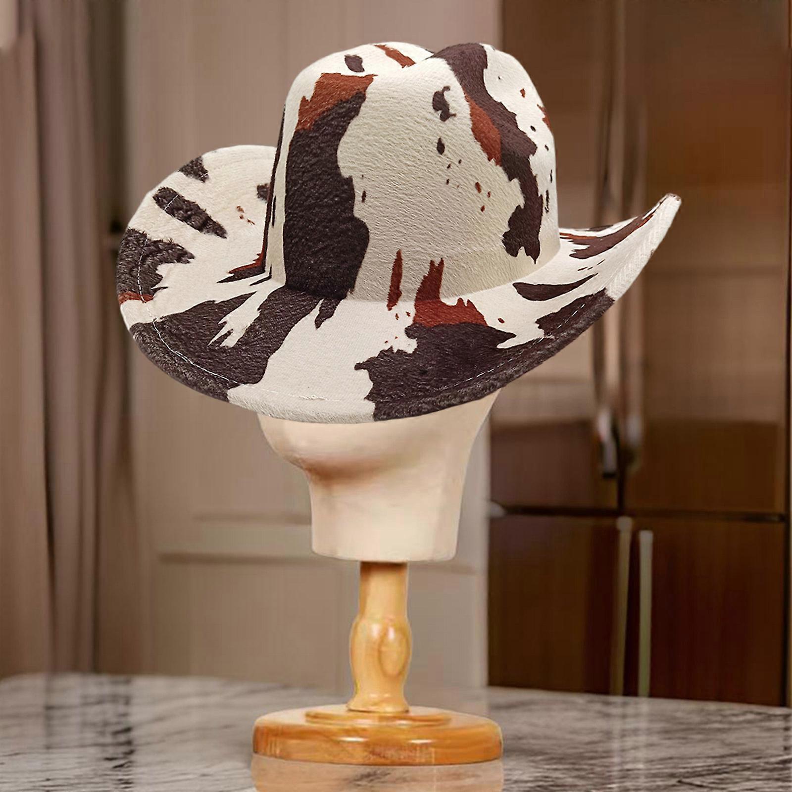Stylish Western Fedoras Hat with Leopard Pattern Wide Brims Top Hat Great for Music Festival and Masquerades Party Cow pattern