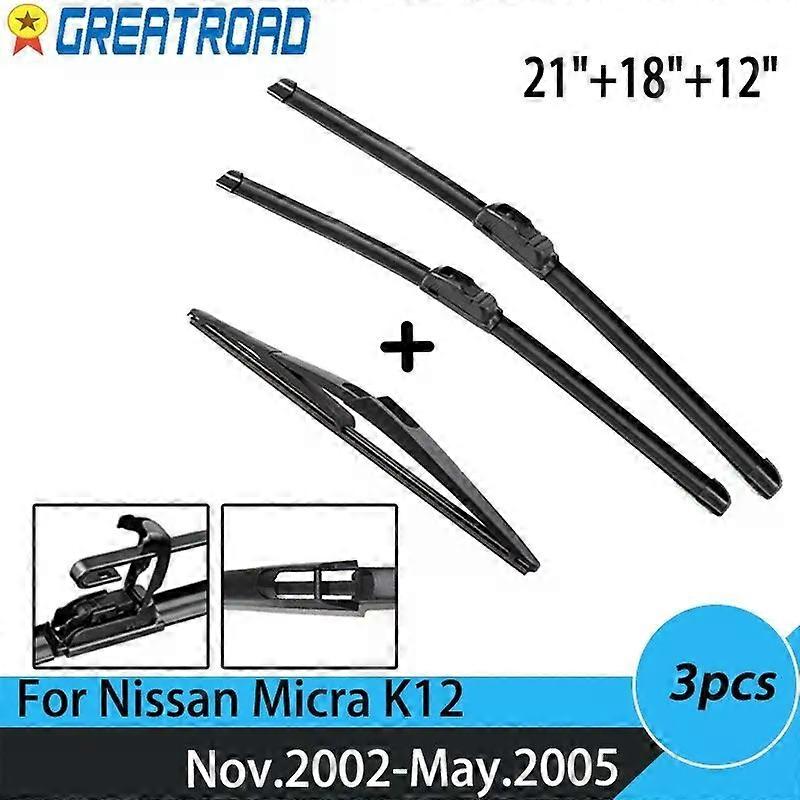 Wiper Front & Rear Wiper Blades Set For Nissan Micra K12 11.2002 03 04 05.2005 Windshield Windscreen Rear Window 21"+18"+12"