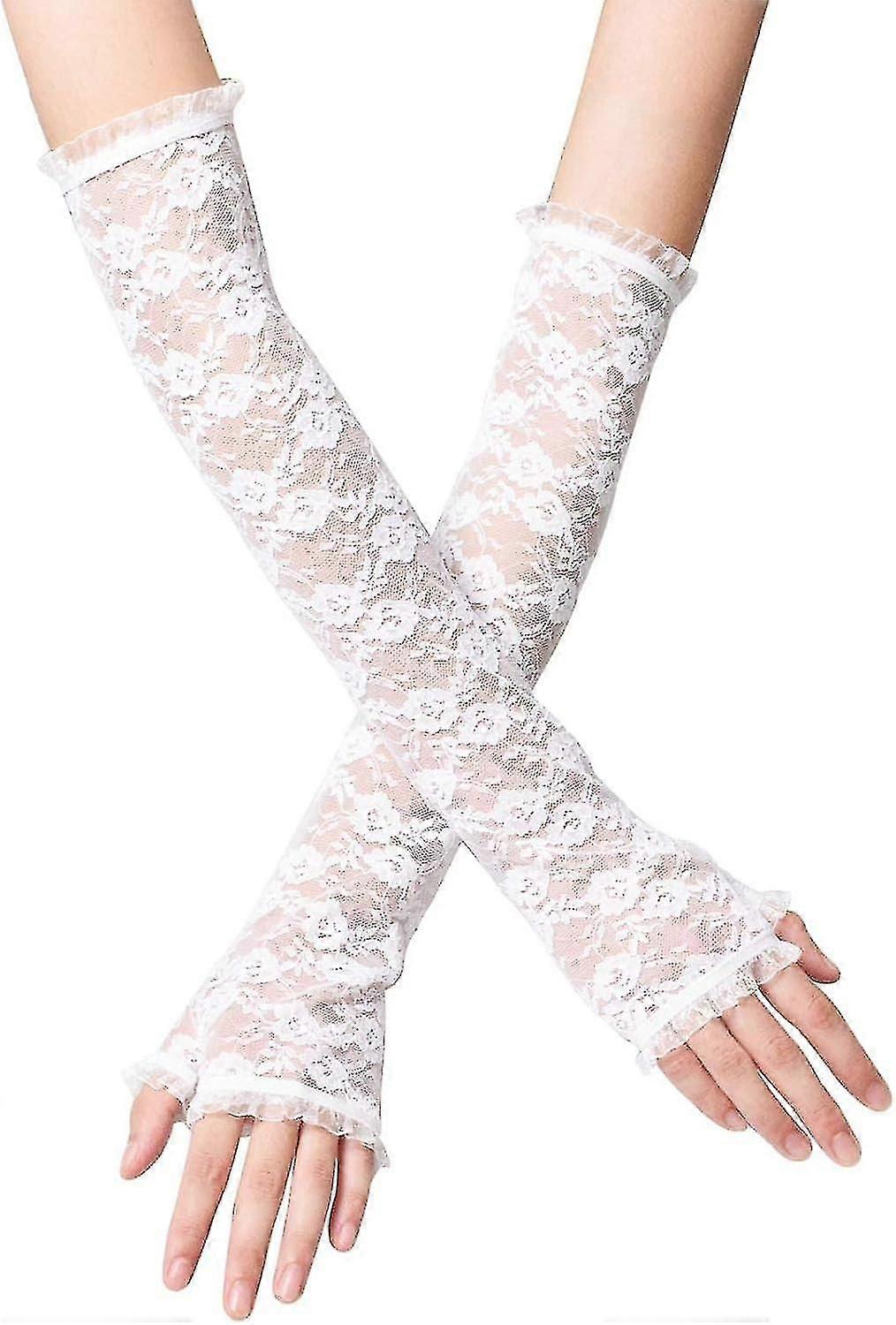"قفازات الدانتيل الزهرية نصف أصابع نسائية يتوهم طويل الكوع أوبرا الحرير كم اليد الفتيات الحماية من أشعة الشمس شارة كم قفازات مثالية لعيد الهالوين P