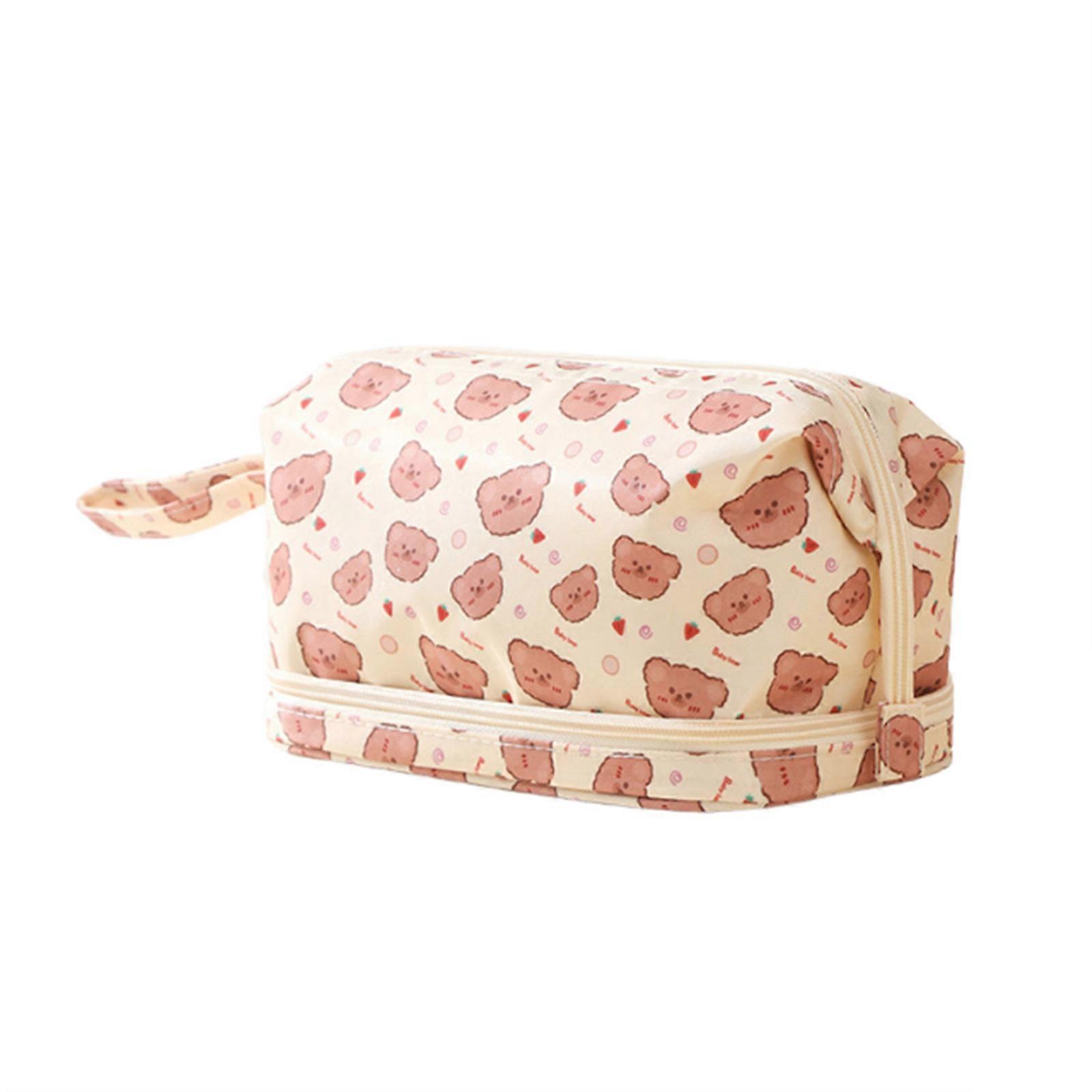 Travel Friendly Double Layer Cosmetic Bag for Women Toiletry Case Makeup Bag with Bear Patterns and Convenient Handle