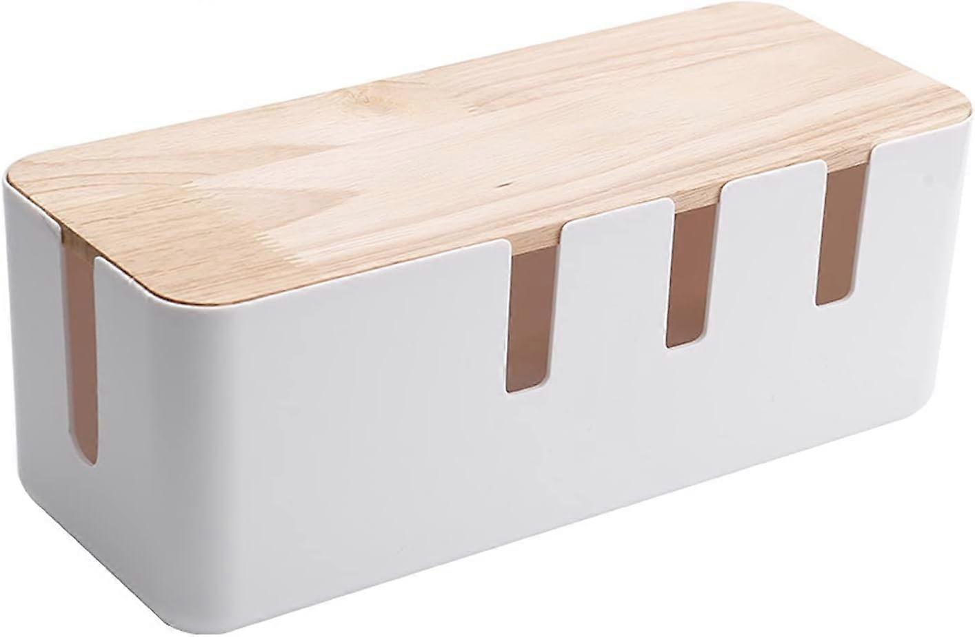 Large Size White Plastic Cord Management Box with Bamboo Cover Cable Management Solution for Hiding and Concealing Power Strips