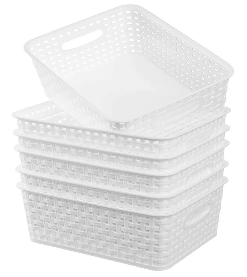 6 Pack White Plastic Woven Storage Baskets for Kitchen Office Bathroom