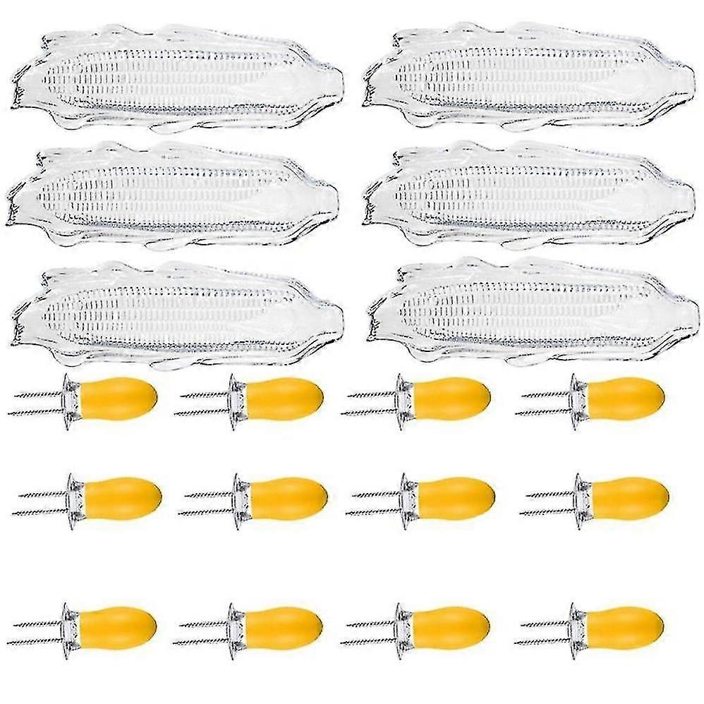 6 Pack Plastic Corn Trays + 12 Pcs Cob Holders - Transparent Dinner Service Tray for Corn