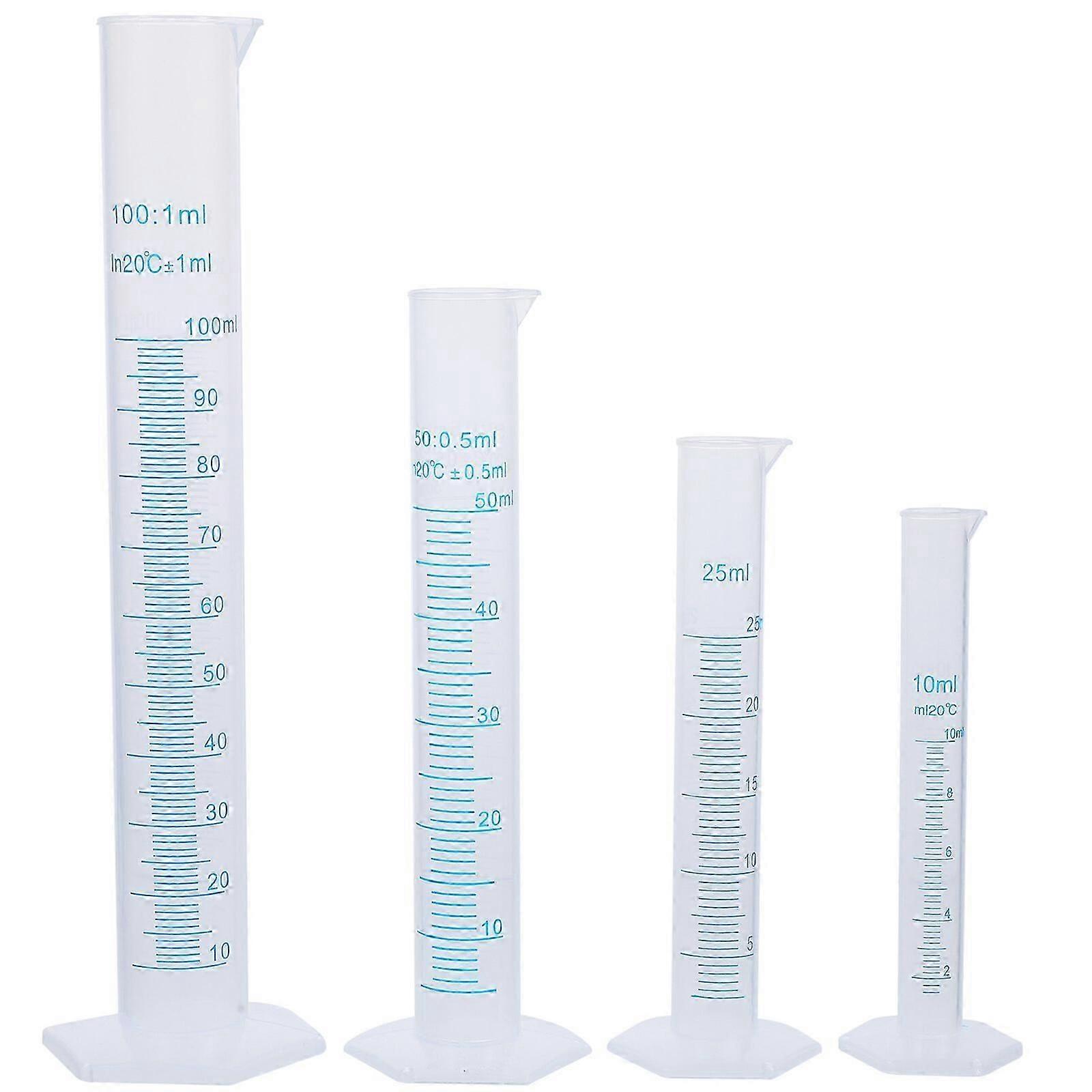 4pcs Transparent Mesure Plastique Gradué Cylindre 10ml / 25ml / 50ml / 100ml