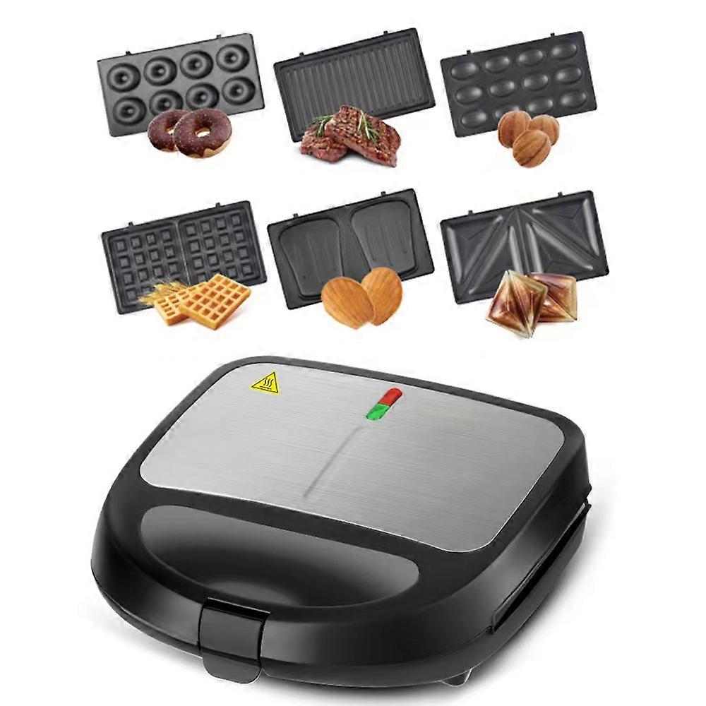 6 in 1 Electric Sandwich Machine with 6-set Removable Non-stick Plates Double-Sided Heating Waffle Donut Maker Panini Press Grill Breakfast Station