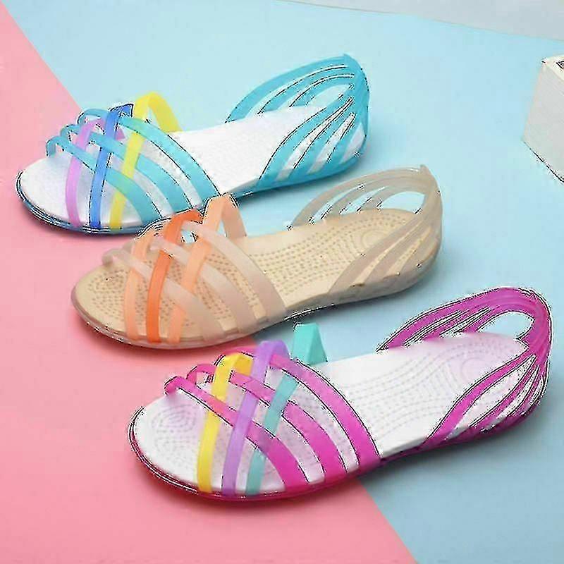 2022 Summer Women"s Beach Flat Sandals Colorful Open Toe Jelly Cutout Flats