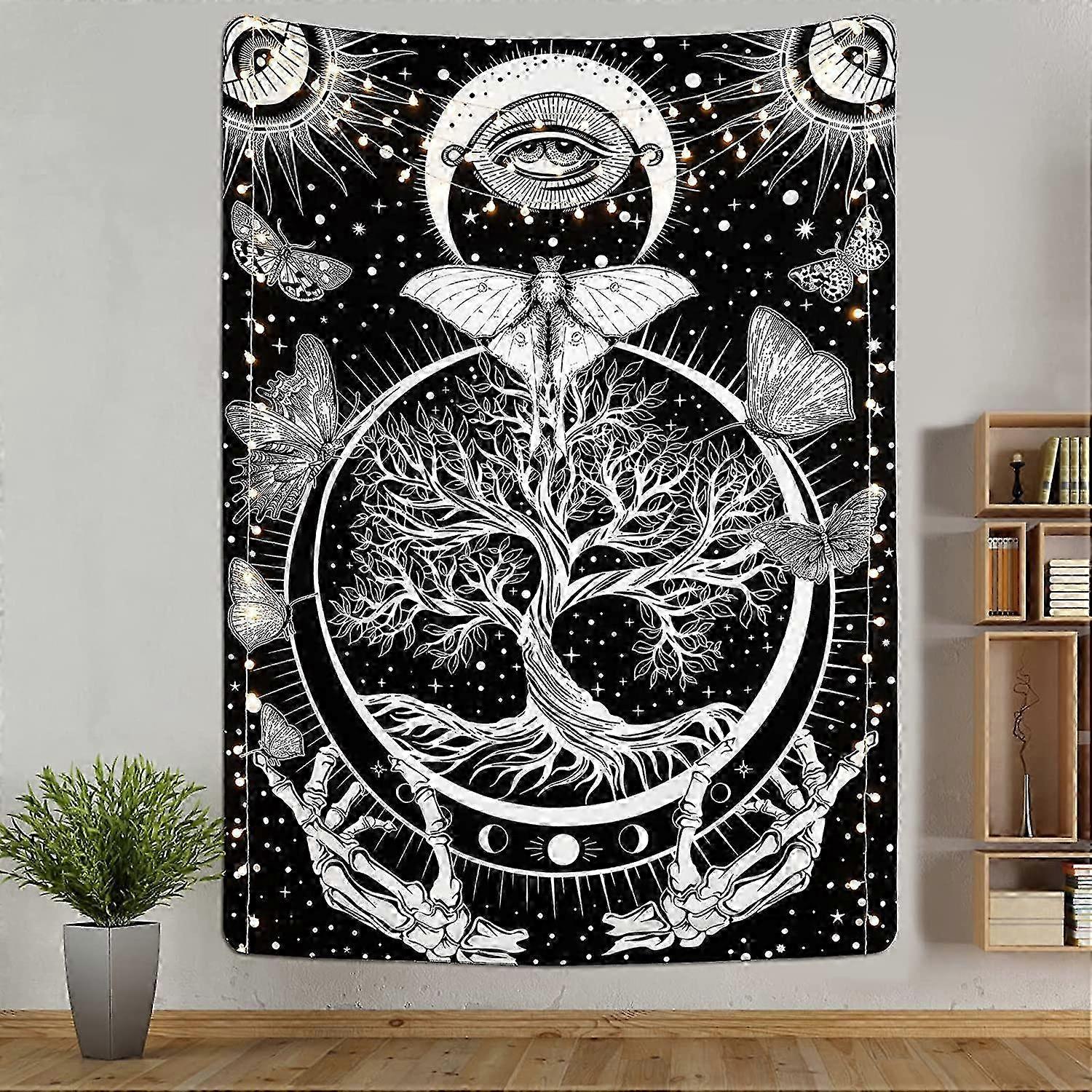 Butterfly Tapestry Featuring Tree of Life and Moon Phases, with Black White Skeleton Design, Sun and Moon Tapestry 150 x 130 cm Suitable for