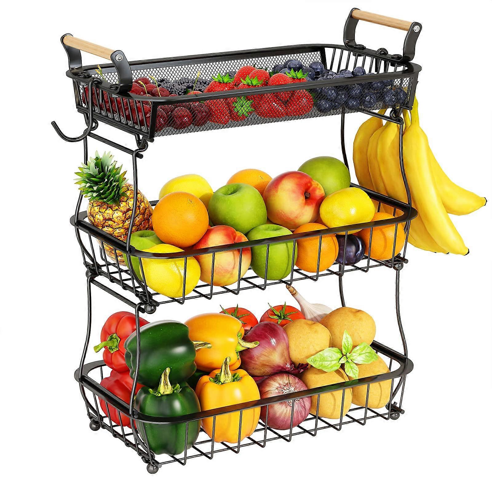 Fruit Basket with 3 Tiers and 2 Banana Hangers,, Black