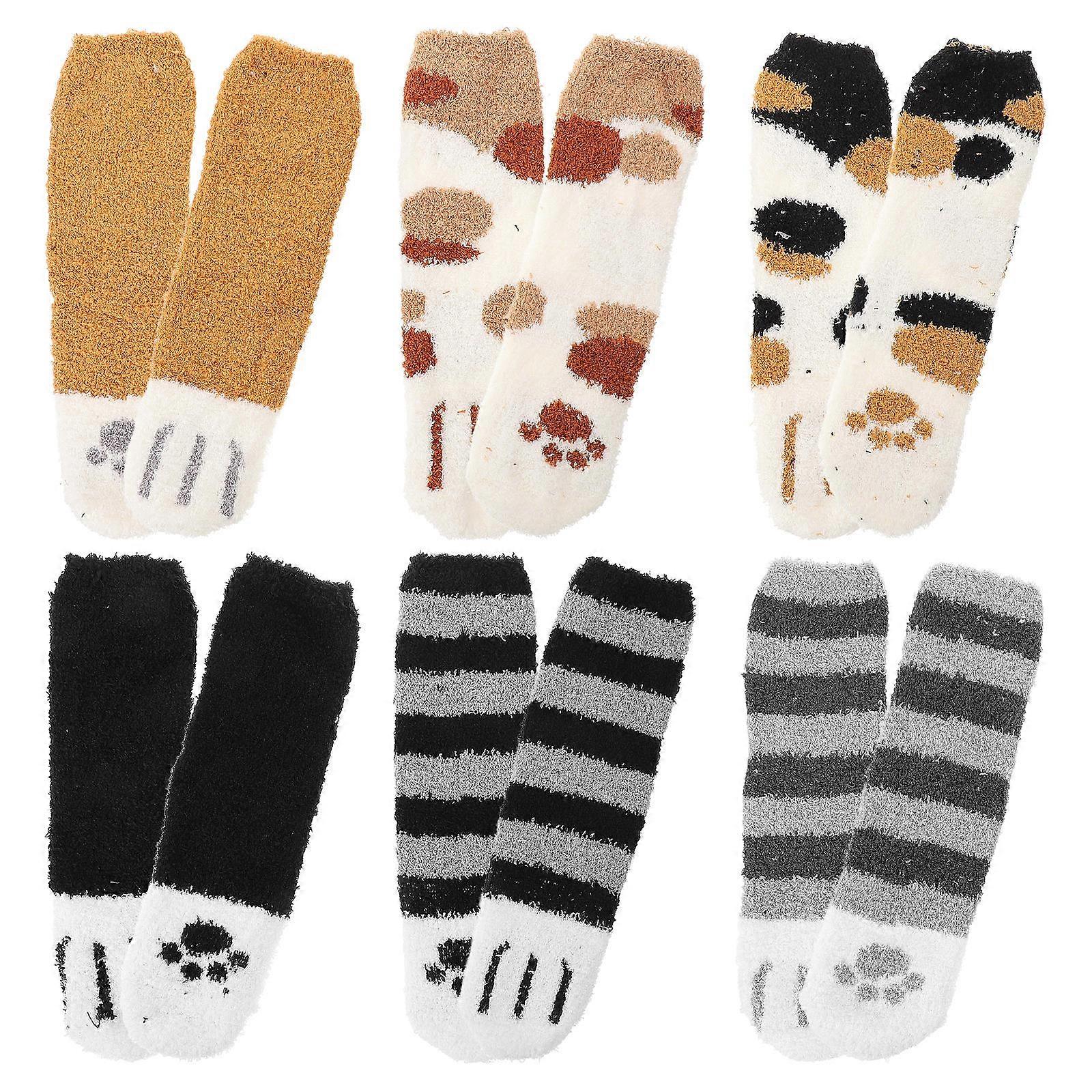 Animal Paw Pattern Coral Fleece Socks Comfortable Daily Wear Home 6 Pair Spotted Khaki