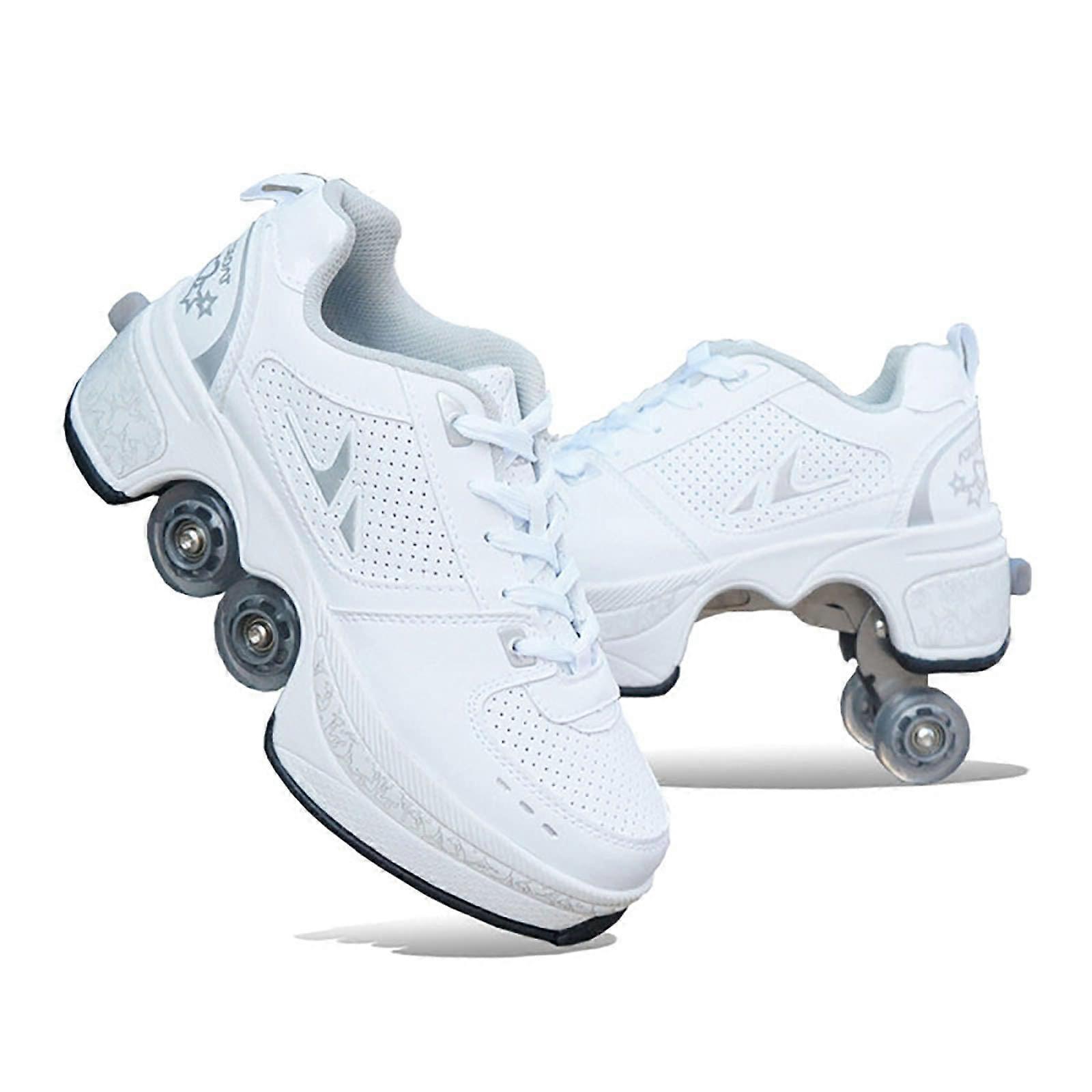 Patins à roulettes, patins à roulettes, chaussures de marche, baskets, quad réglable, patins à roulettes, bottes, chaussures de planche à roulettes. Blanc 32