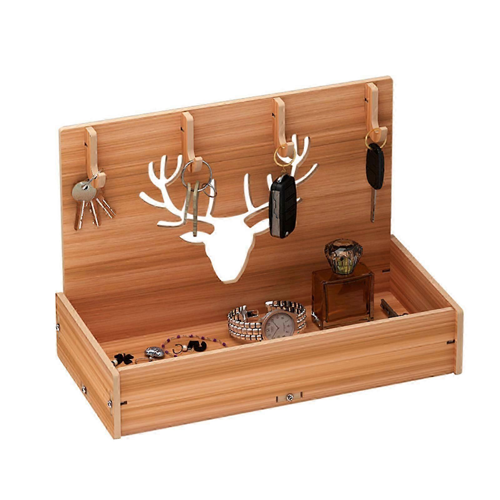 Wooden Desktop Sundries Storage Box with 4 for Key Hooks Hanger Tabletop Retro Entryway Organizer Jewelry Display Rack White oak