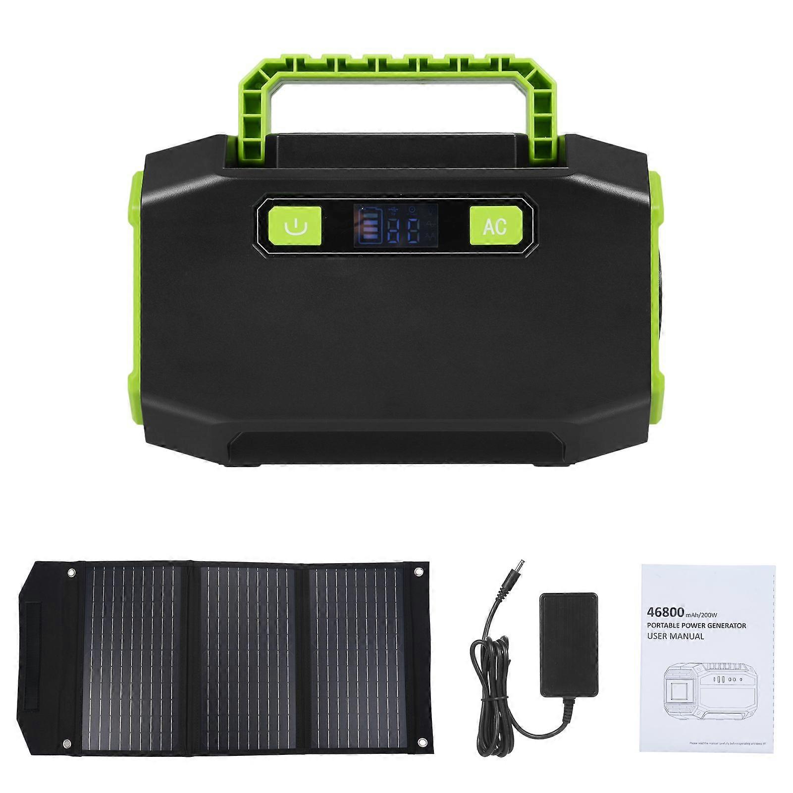 Portable Power Station with 60W Solar Panels, 200W 173Wh Outdoor Solar Generator with LED Lights for Home Use, Emergency Backup, Road Trip Camping EU