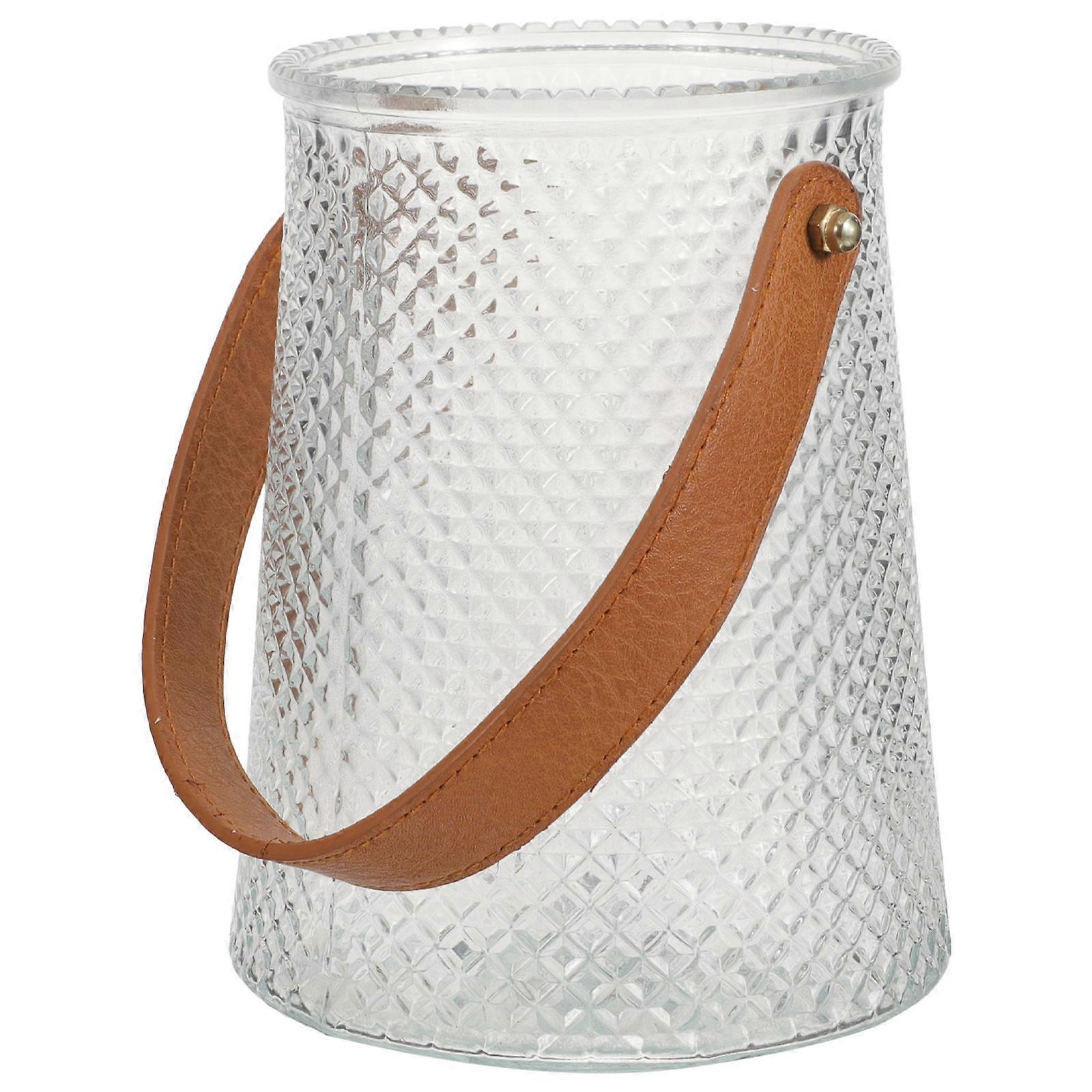 Transparent Glass Flower Vase with PU Handle – Nordic Style Decorative Vase for Home or Office, Clear Tabletop Centerpiece for Flowers and Greenery