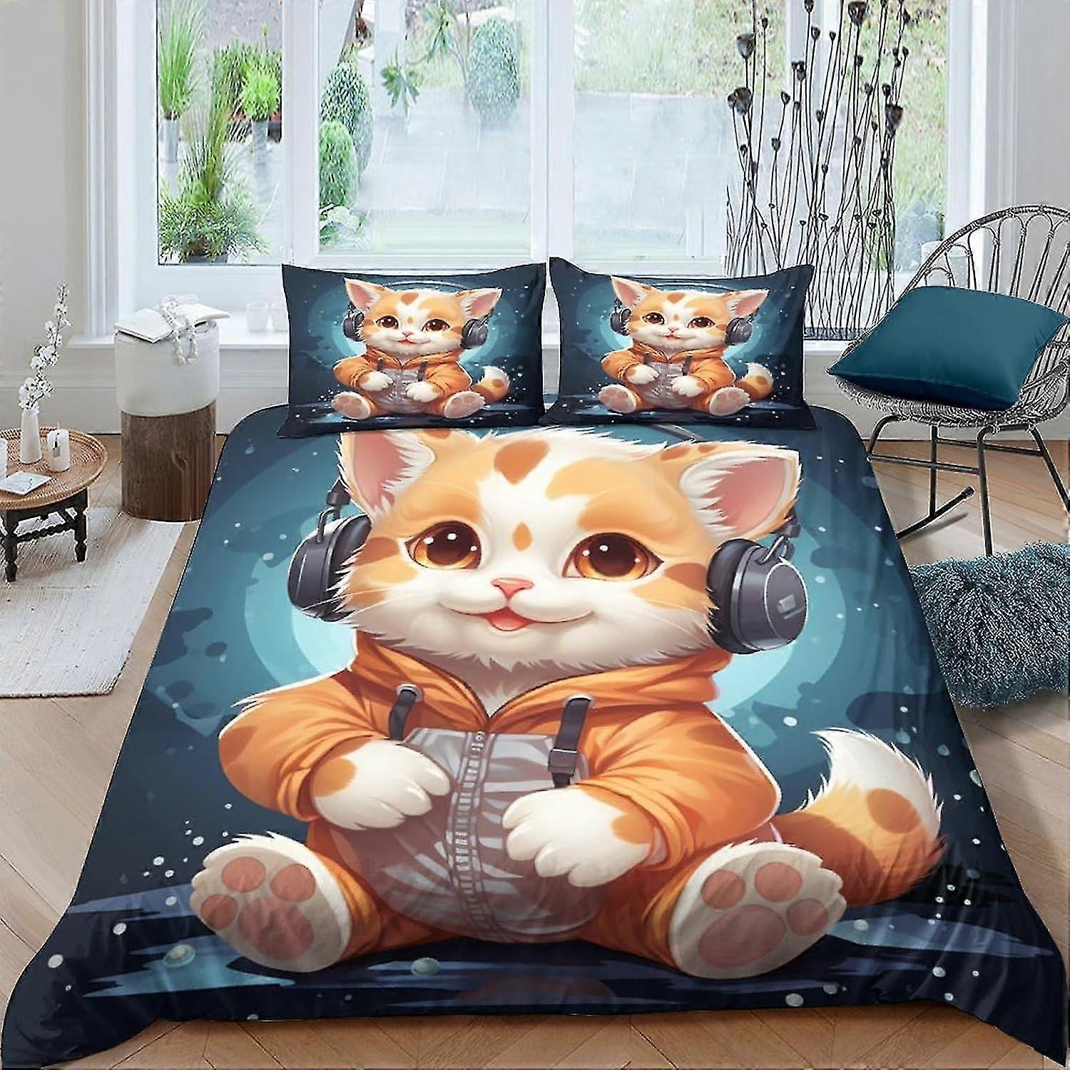 tecknad kattunge påslakan set 3 delar lättskött super mjuk mikrofiber sängkläder 3d-tryck täcke dubbel match