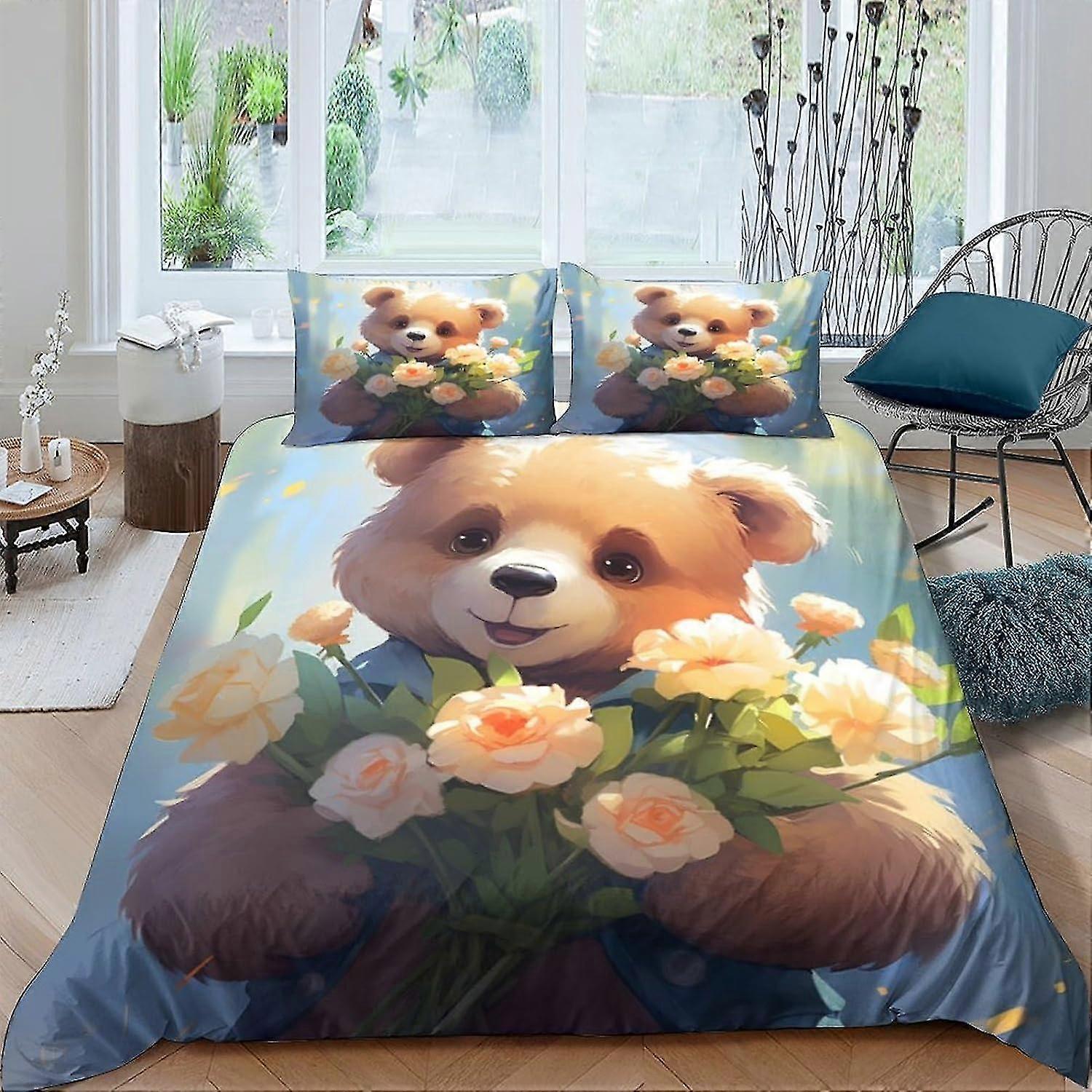 Conjunto de Capa de Edredom Animal Bear Branco com Fecho de Zíper, Adequado para Crianças, Adolescentes e Adultos 3 Peças Duplas