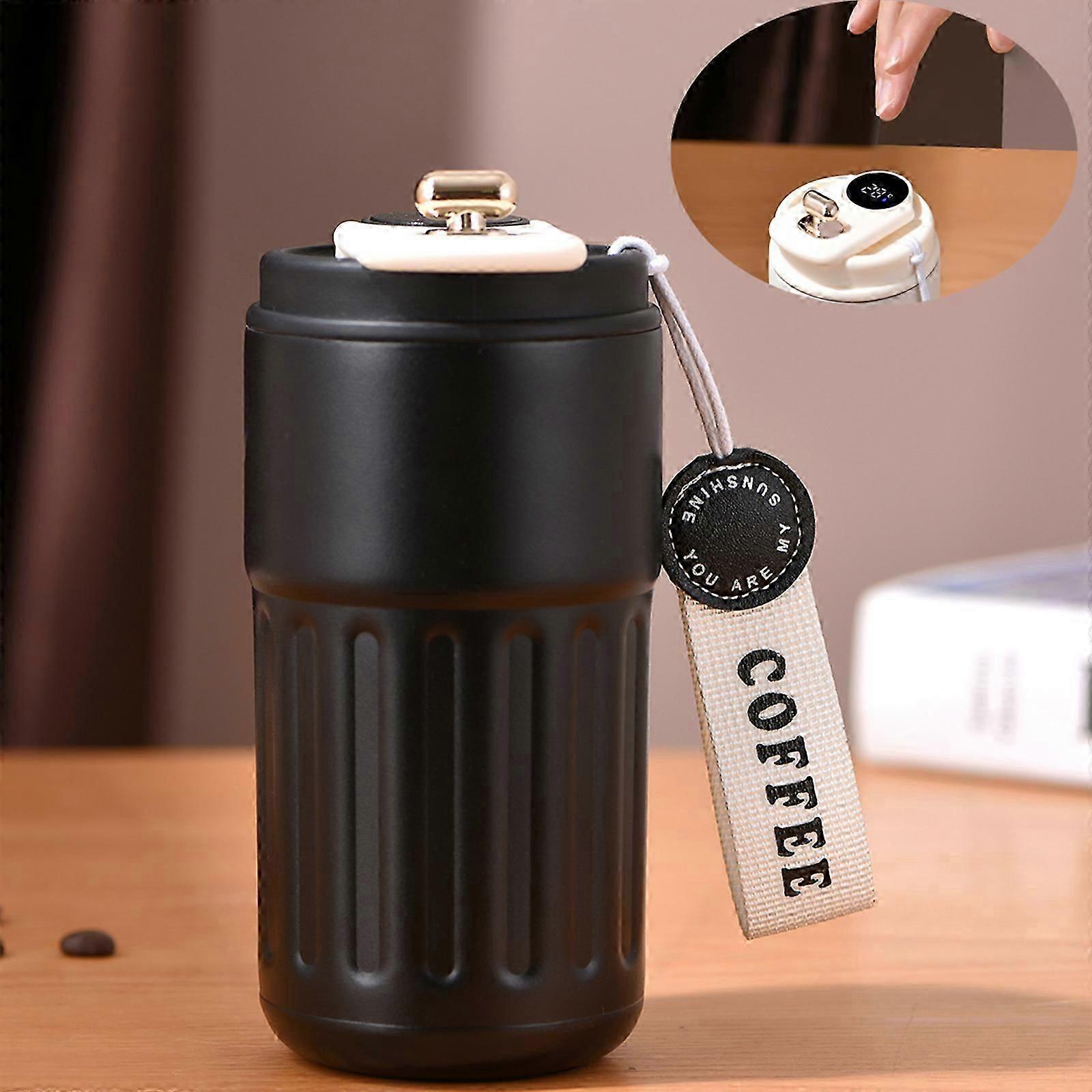 Caneca de café térmico para bebidas quentes e frias, caneca de viagem de xícara de café de 450ml com display de temperatura digital, caneca inoxidável à prova de vazamento com alça portátil