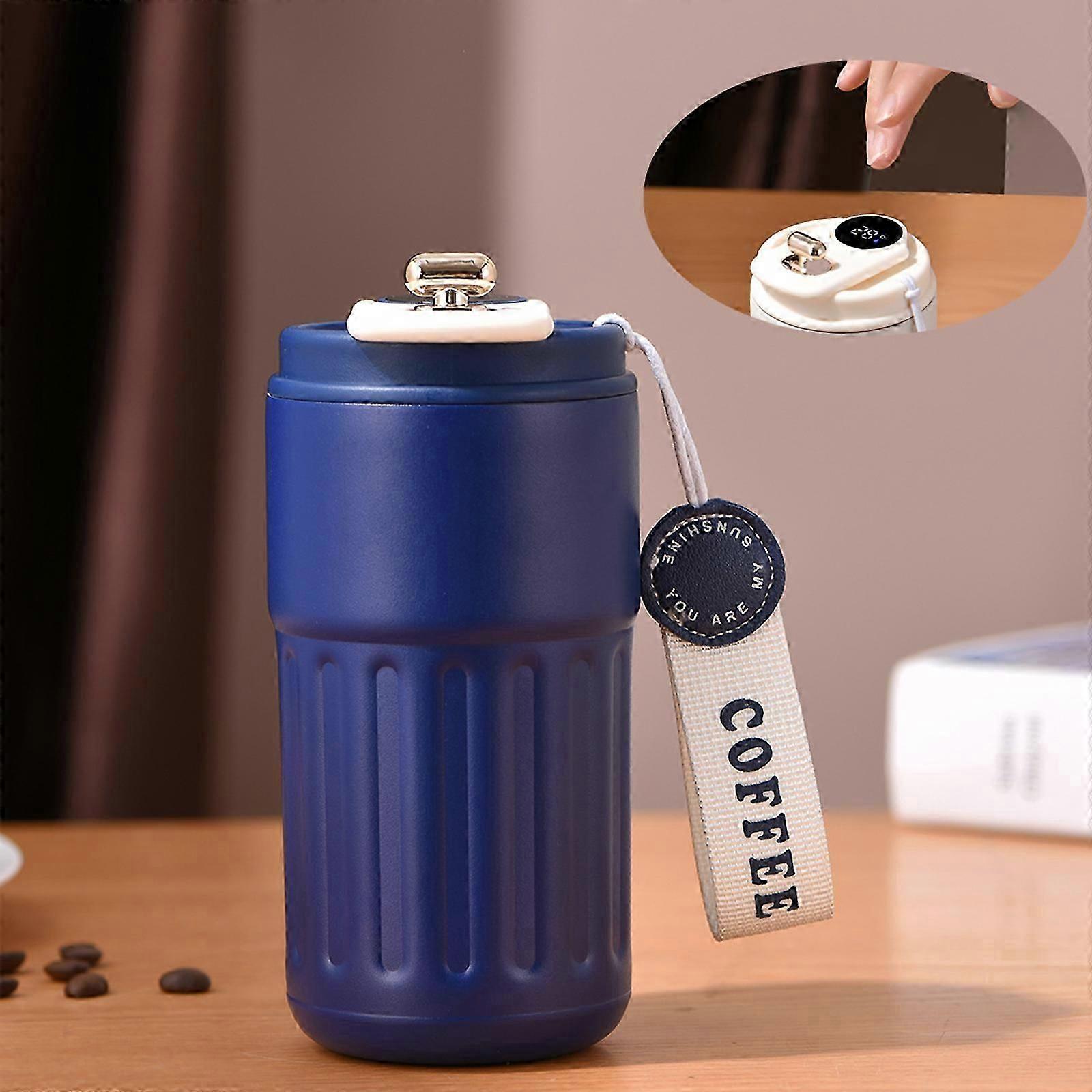Caneca de café térmico para bebidas quentes e frias, caneca de viagem de xícara de café de 450ml com display de temperatura digital, caneca inoxidável à prova de vazamento com alça portátil