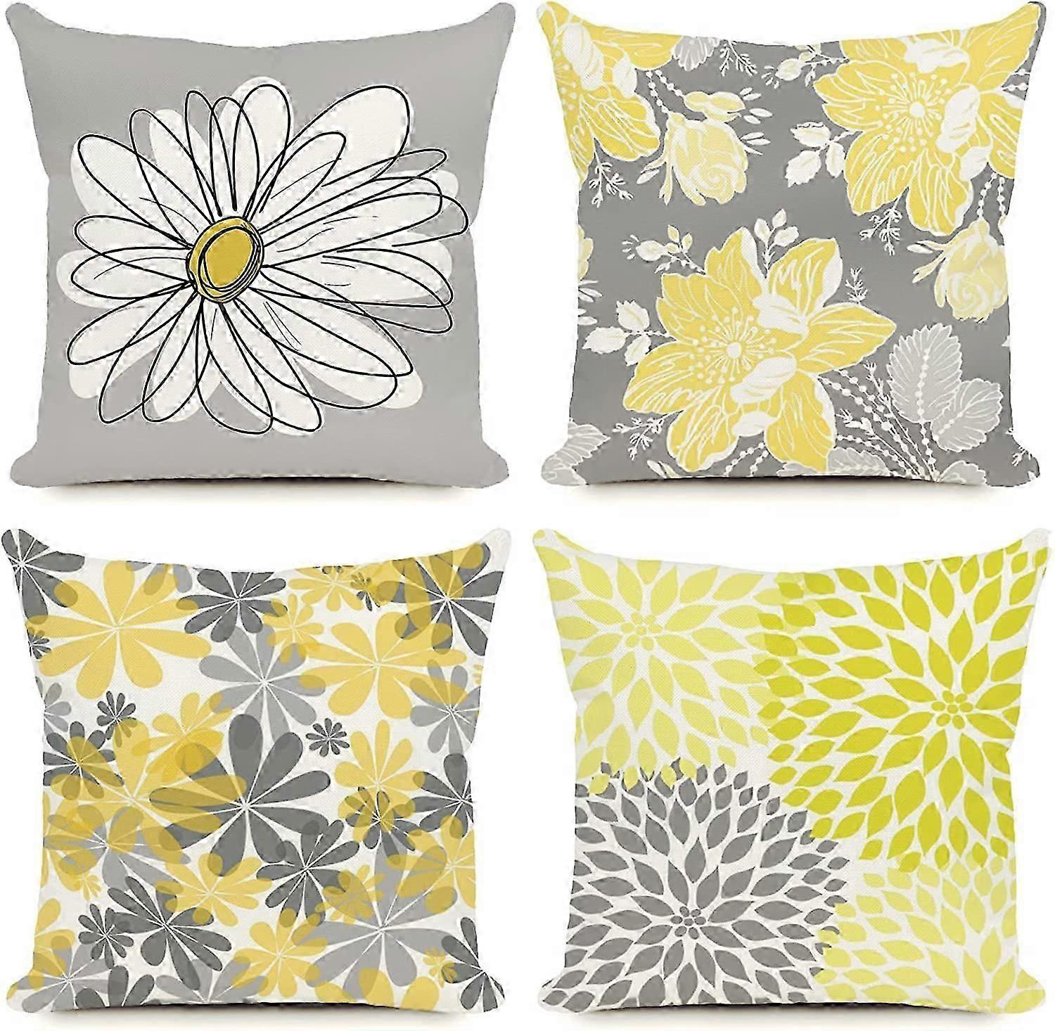 チャーミンググレー&イエローデイジー屋外クッションカバー - 4つの防水枕のセット