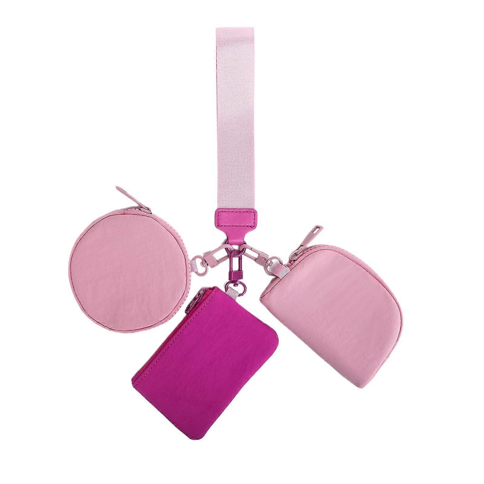 Wristlet Wallet Keychain For Women, Triple Key Wallet, Detachable Zipper Coin Purse, Card Holder, Small Portable E Pink