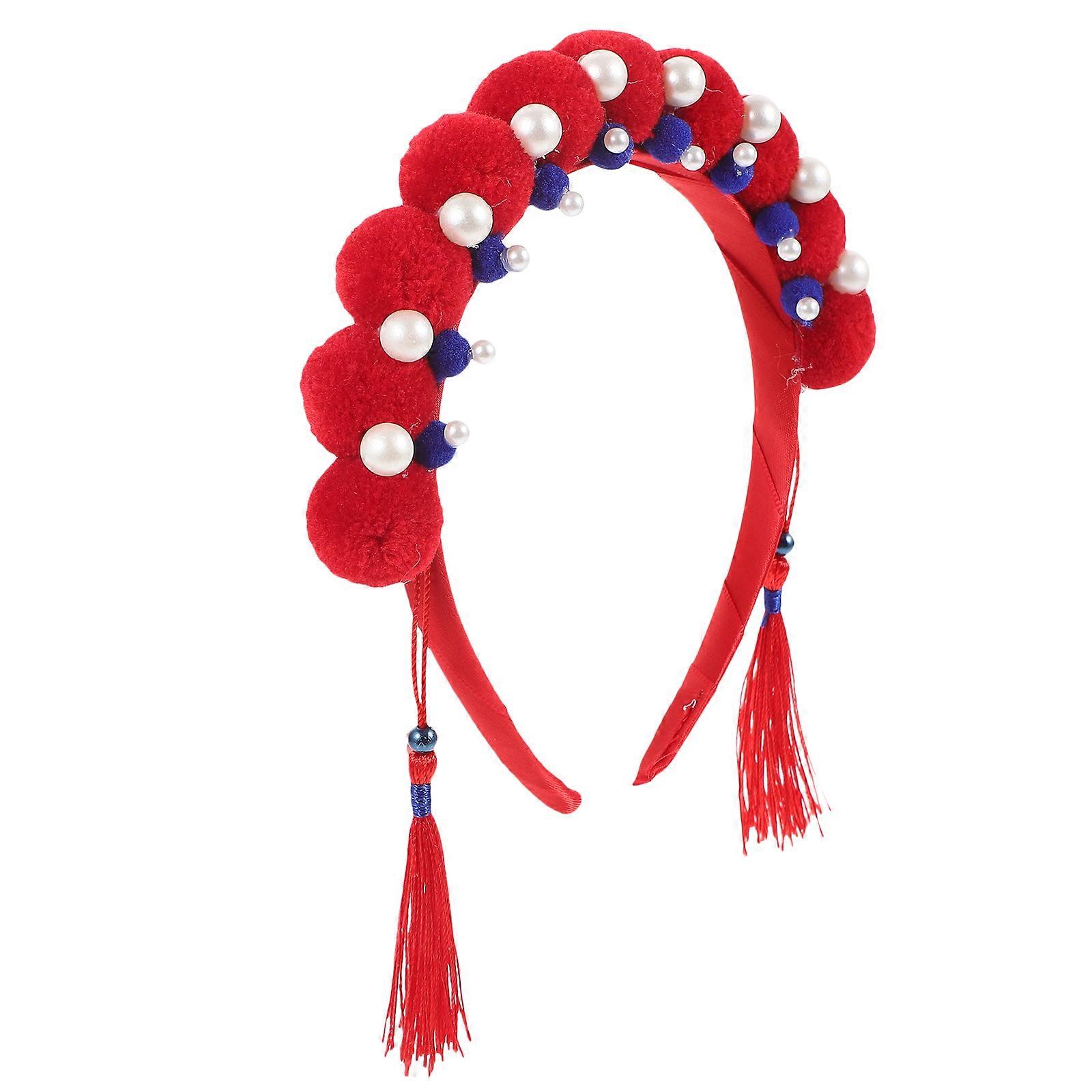 Chinese Hair Accessory Pearl Headpiece Tassel Headband For Cosplay Party Red 1Pcs