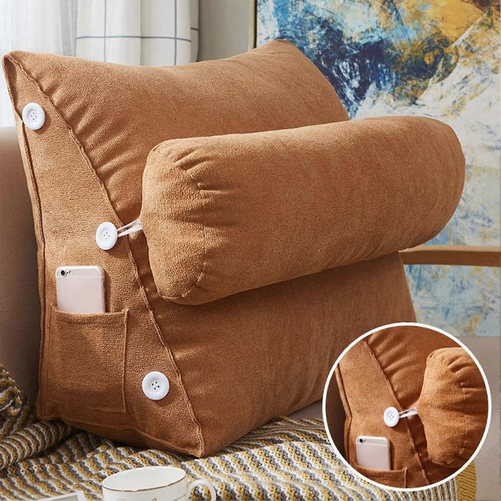 Wedgeshaped reading pillow with removable neck roll, comfortable backrest cushion for sitting in bed, plush, camel color, 60 x 50 x 22 cm