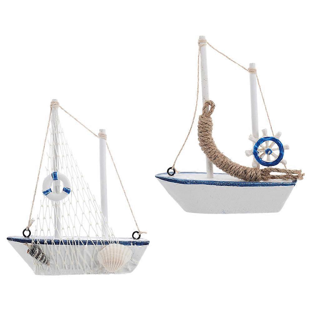 Mediterranean Sailboat Model for Decoration 2Pcs Wooden Craft with Color