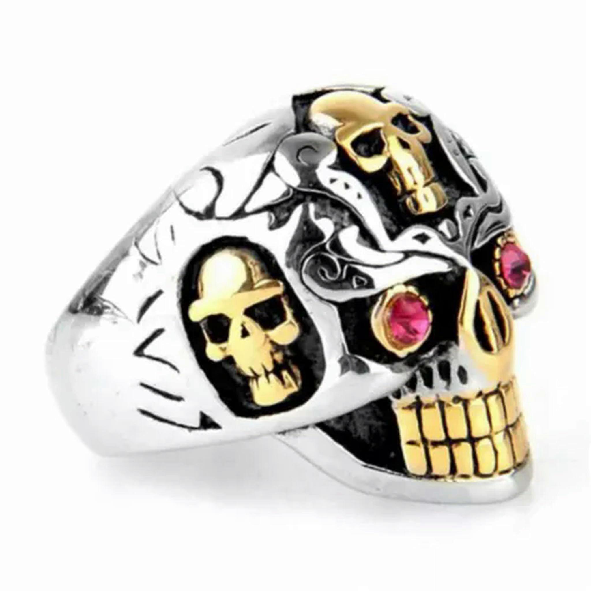 Personality Skull Ring for Men in Motorcycle Style with Gold and Ruby Eyes, Sizes 8-13, Unique Design