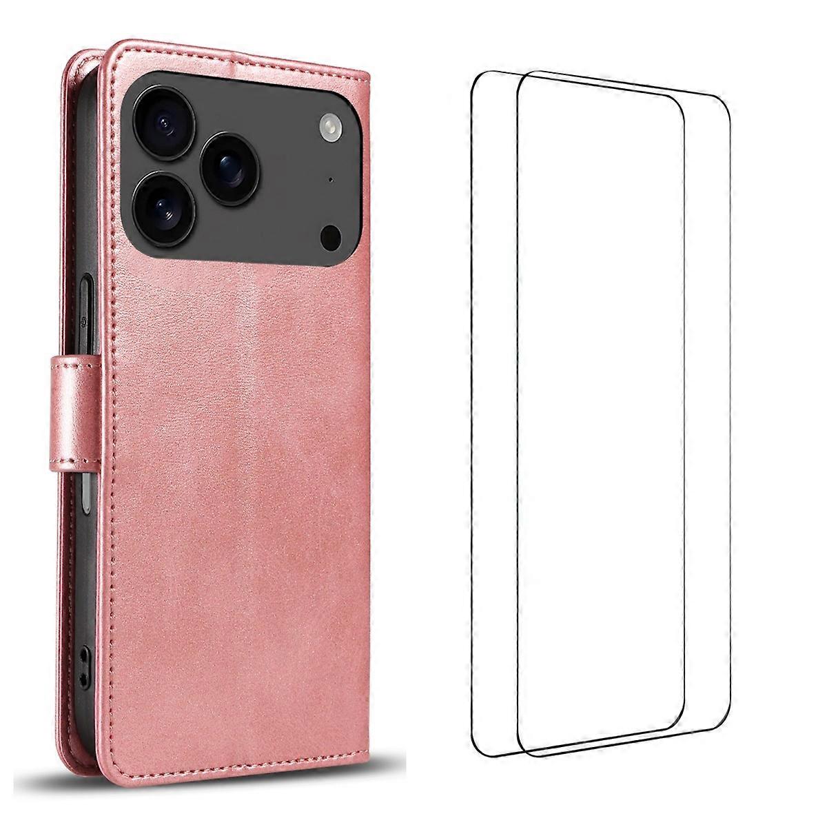 Compatible For iPhone 17 Pro Case with 2Pcs Tempered Glass WANLONFENG WN Series Calf Texture Leather Phone Cover Big Cutouts