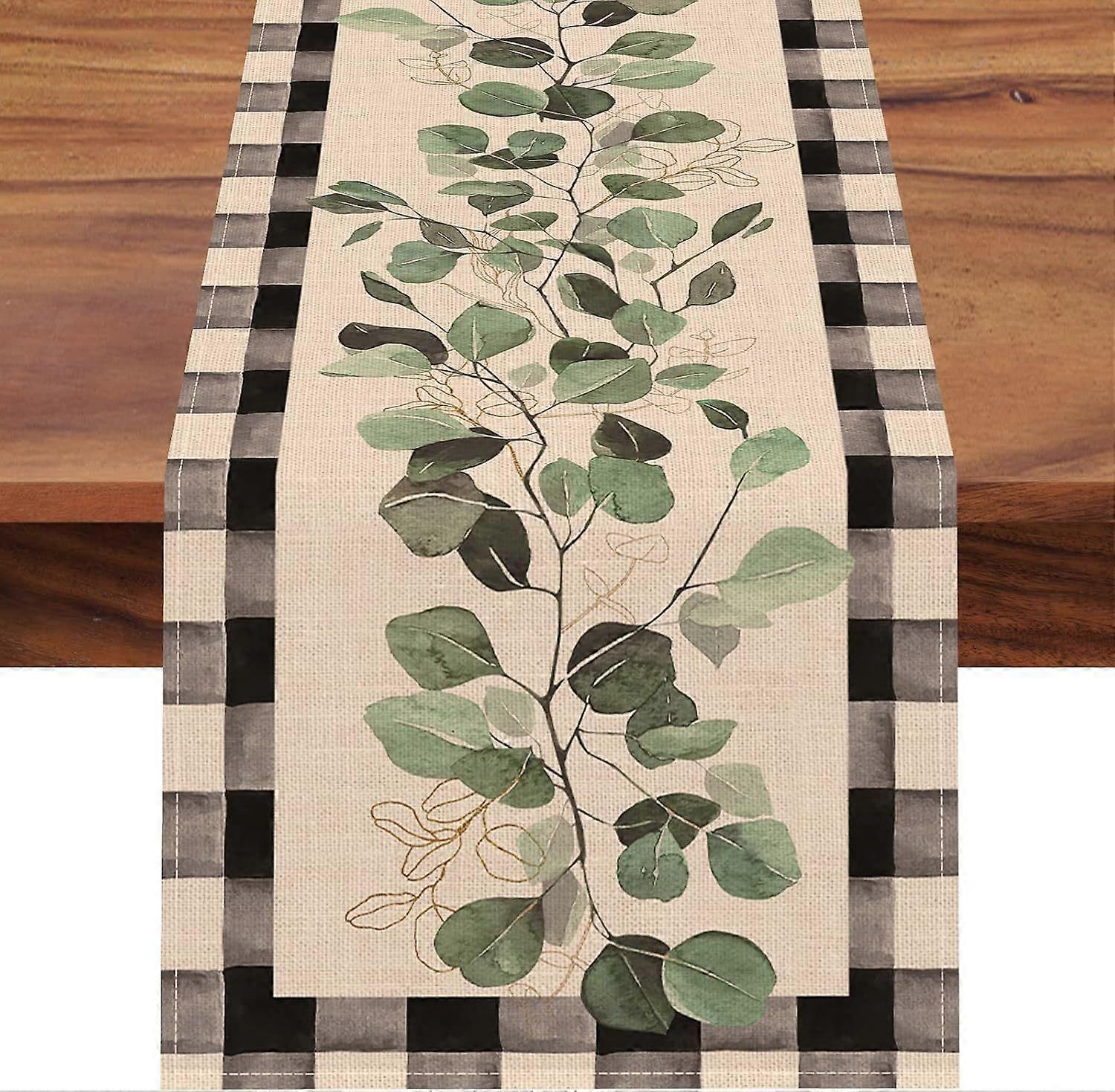 Spring Eucalyptus Leaves Greenery Table Runner, Black White Buffalo Plaid Check