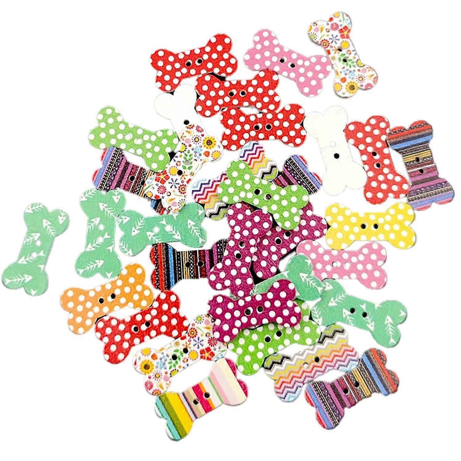 50Pcs Dot Print Two Holes Wooden Colorful Buttons Bone Shape DIY Buttons Collections Embellishments