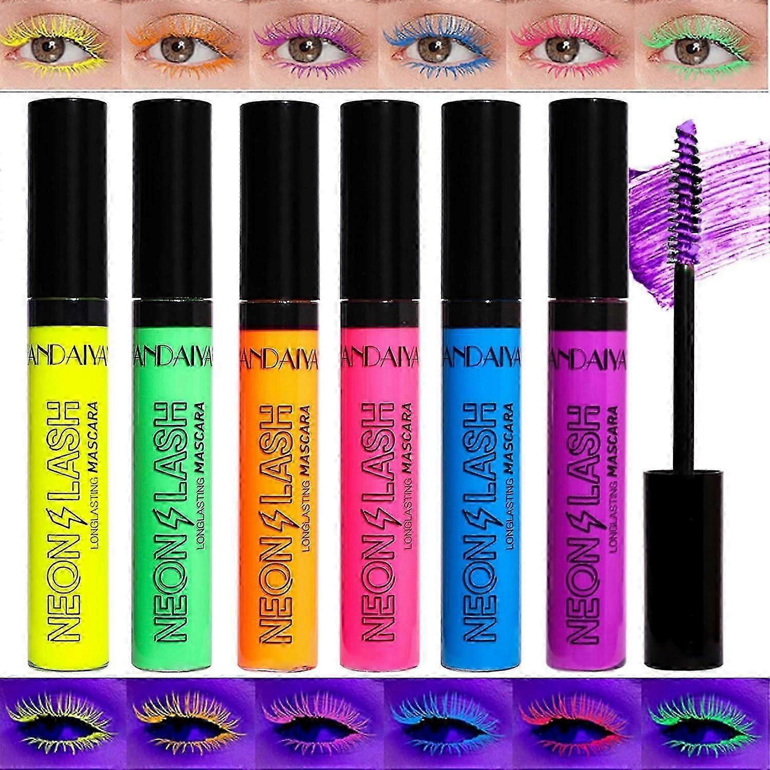 Vibrant Neon Mascara Set in 6 Blacklight Shades, Waterproof & Smudge-Proof for Daily Use and Festive Occasions