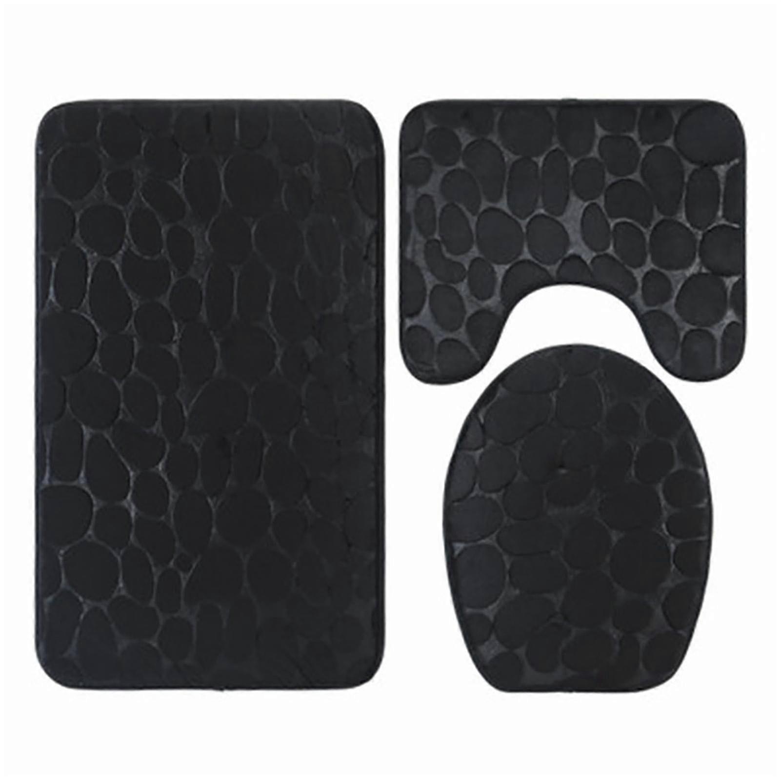 3-Piece Black Bath Mat Set with Cobblestone Texture for Toilet & Floor - Non-Slip