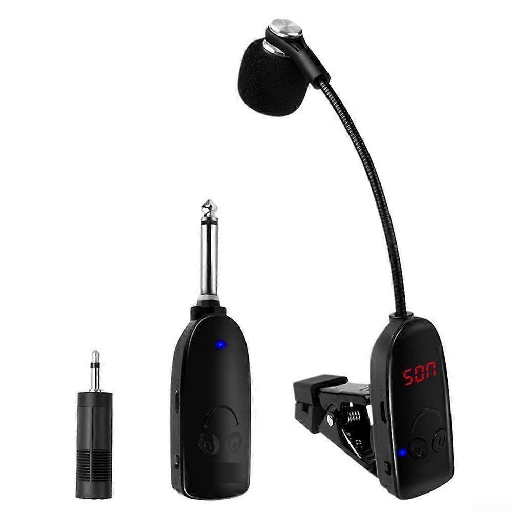 UHF Wireless Microphone System For Musical Instruments Sensitivity Capacitor Head Metal Clip Black 50m Range