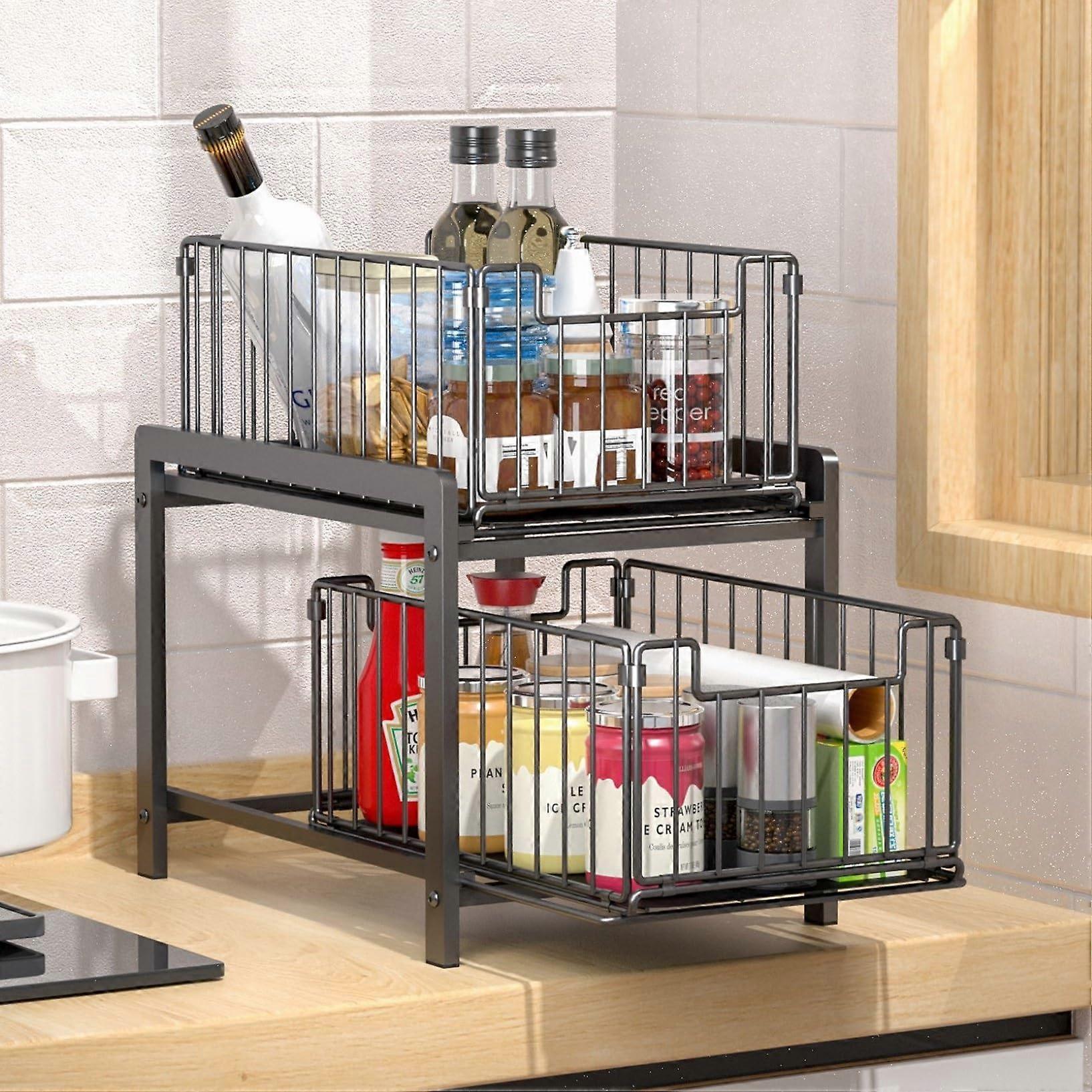 Under Sink Organizer Pull Out Double Shelf Drawer 2Tier Storage For Kitchen Cabinets 26*37*38.5cm Black