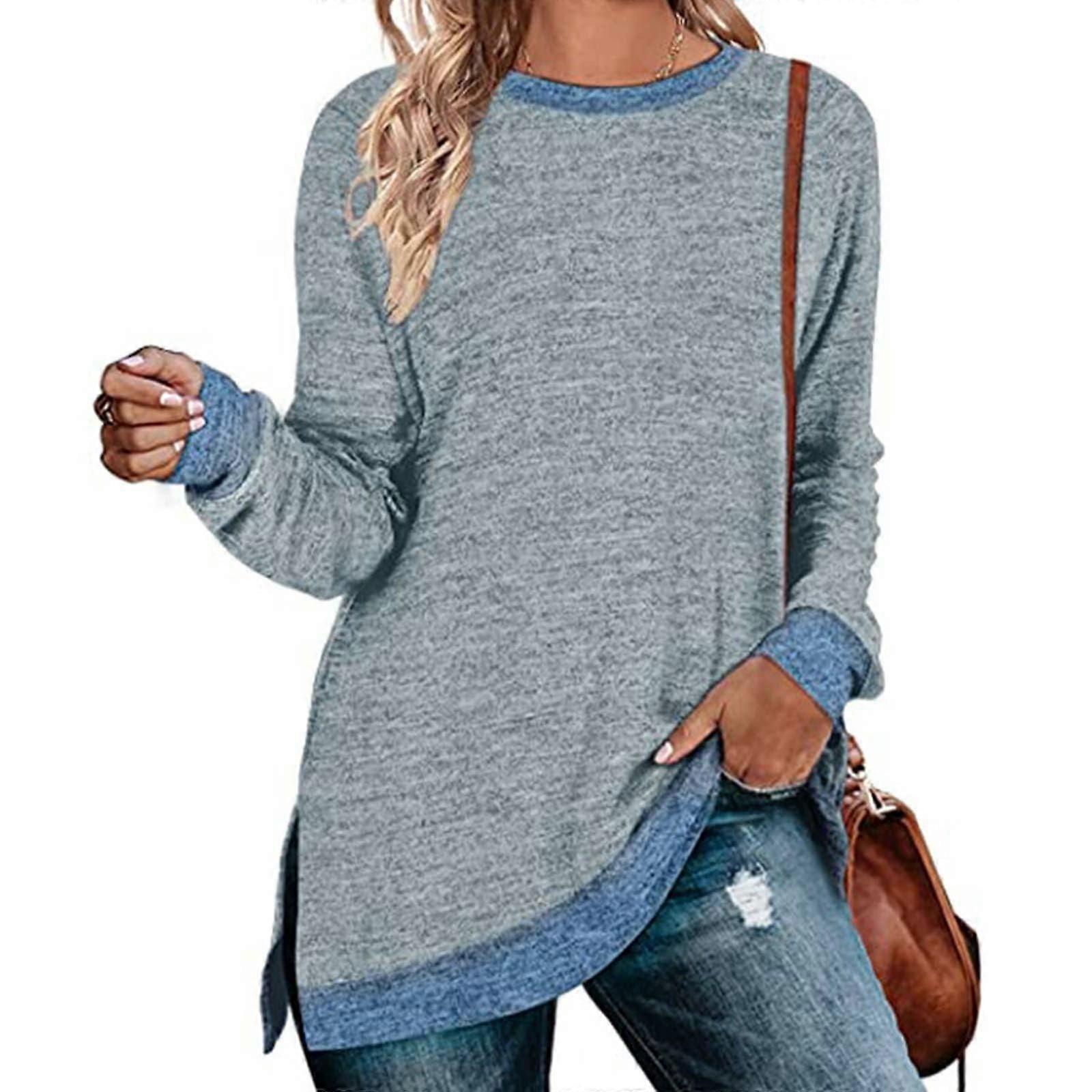Womens Crewneck Pullovers Color Block Long Sleeve Side Split Tunic Tops  Sky Blue XL