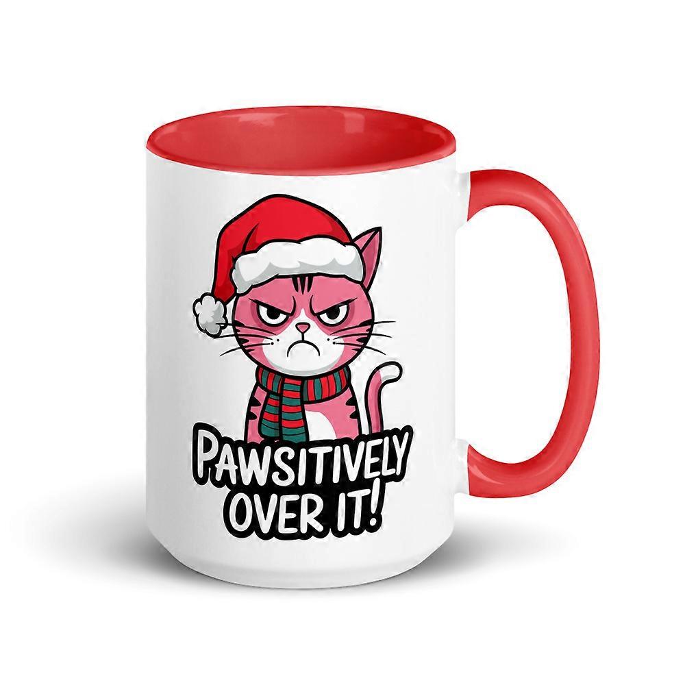 Grumpy Pink Cat Christmas Funny Mug with Color Inside, Pawsitively Over It (Red, 15 oz)