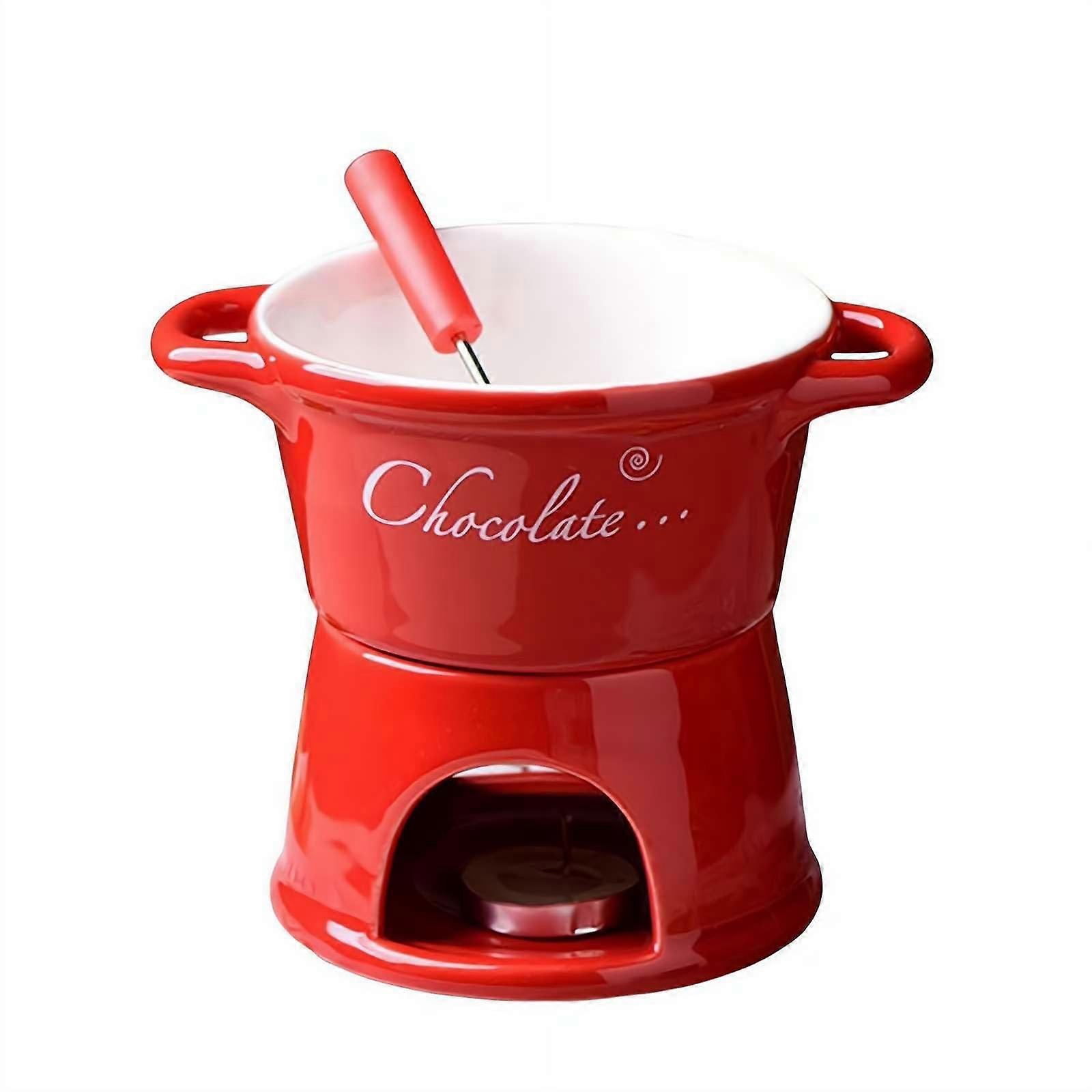 Chocolate Fondue Cup with Fork, Ceramic Melting Pot for Cheese, Butter, Caramel Snacks, Party Serving Red