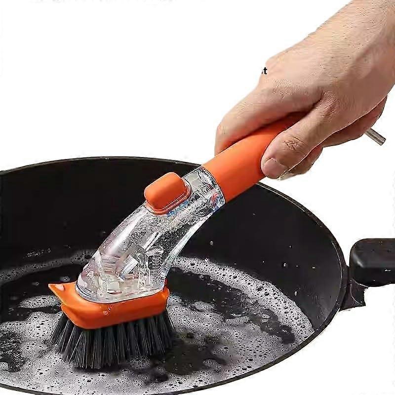 Kitchen Pot Cleaning Brush with Built‑in Soap Dispenser, Splash‑Proof Scrubber for Household and Dorm Use (Red, 26x4cm)