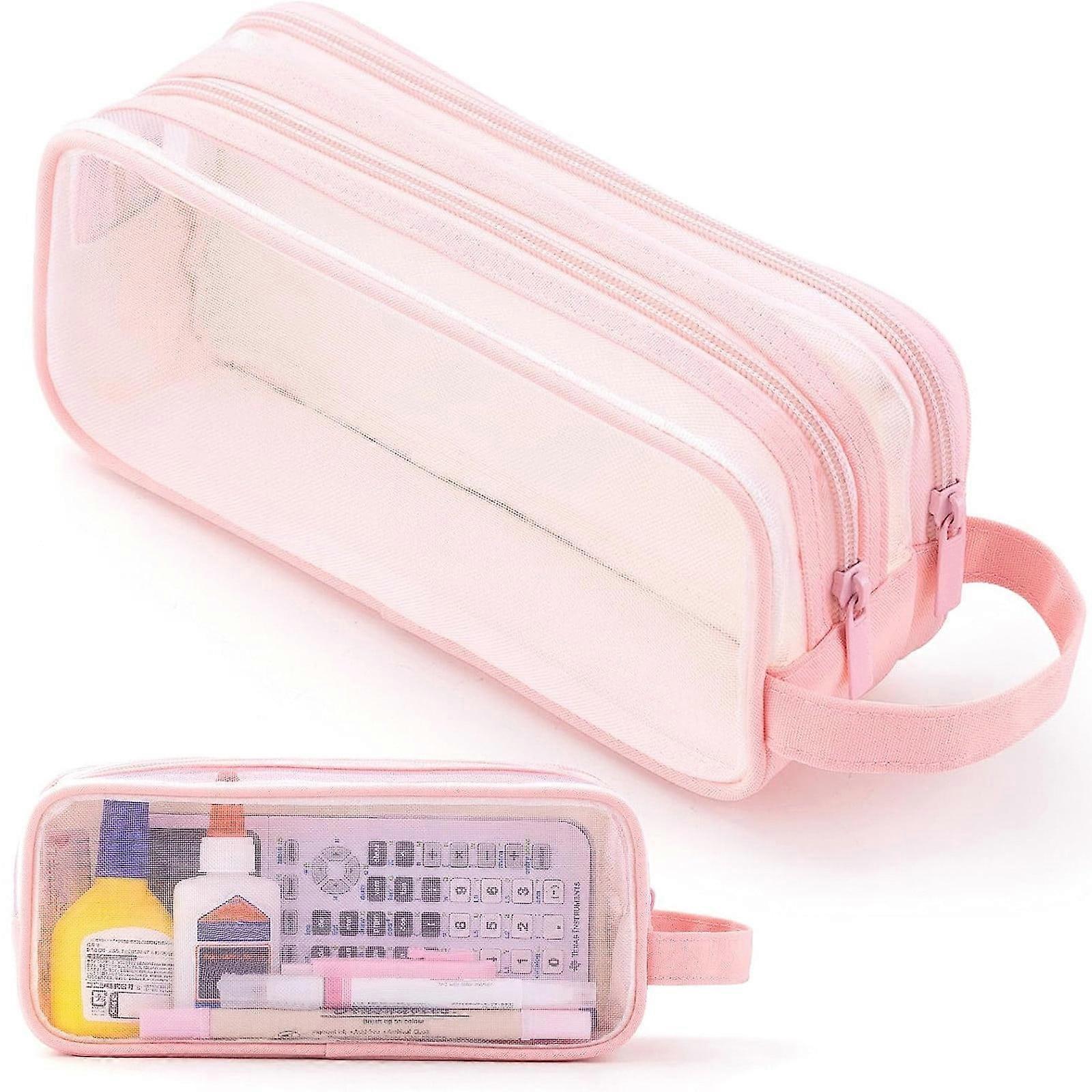 VALSEEL Pencil Case Large Mesh Mesh Case with 2 Compartments, Multifunction Transparent Handheld Bag for Pencils, Transparent Makeup Bag Pencil Pouch