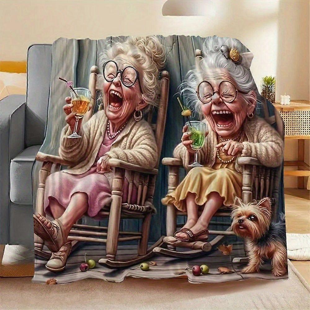 Luxury Cozy Digital Print Flannel Blanket Featuring Two Grandmothers in Rocking Chairs, Soft Gentle Polyester Fabric, Pe-qweui264