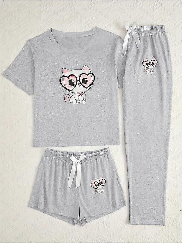 Women's Cute Cat Print Round Neck Short Sleeve Top & Bow Decor Elastic Waist Shorts Pants Set, Casual Comfortable Home Wear