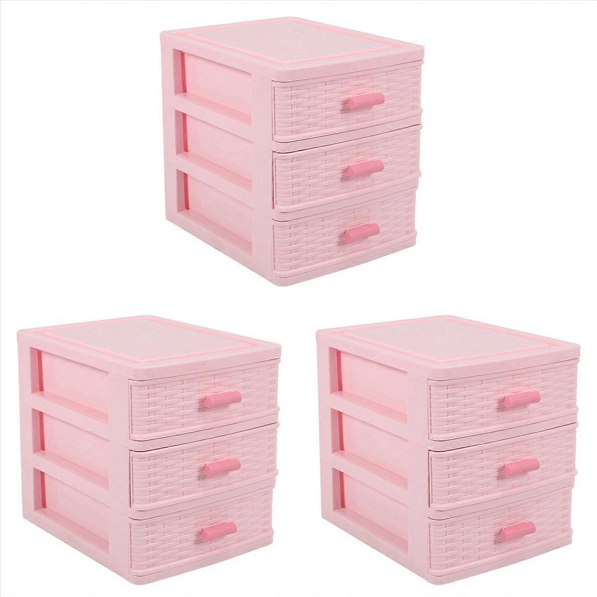 Plastic Drawer Designed 3 Compartment Jewelry Storage Box Pink